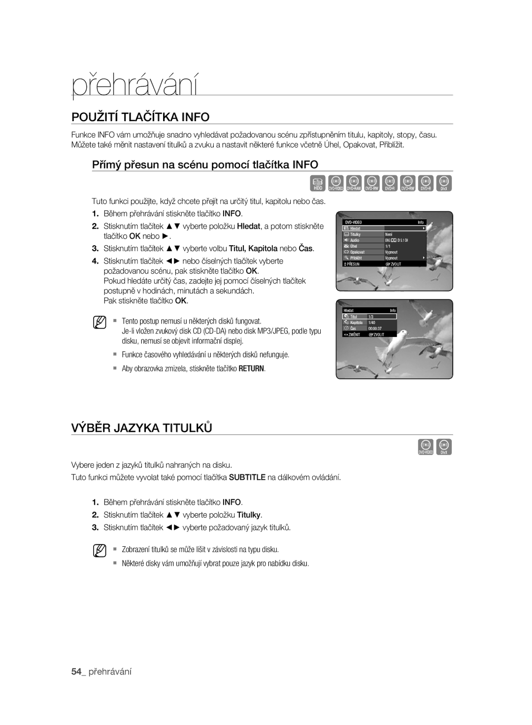 Samsung DVD-HR775A/EDC manual Použití Tlačítka Info, Výběr Jazyka Titulků, Přímý přesun na scénu pomocí tlačítka Info 