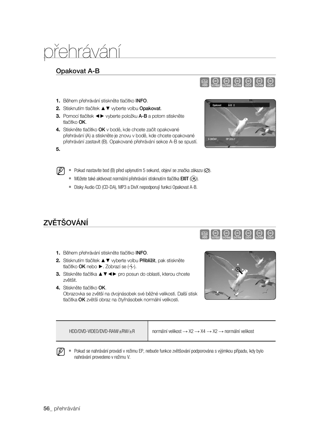 Samsung DVD-HR773A/EDC, DVD-HR775A/EDC, DVD-HR777A/EDC manual Zvětšování, Opakovat A-B 