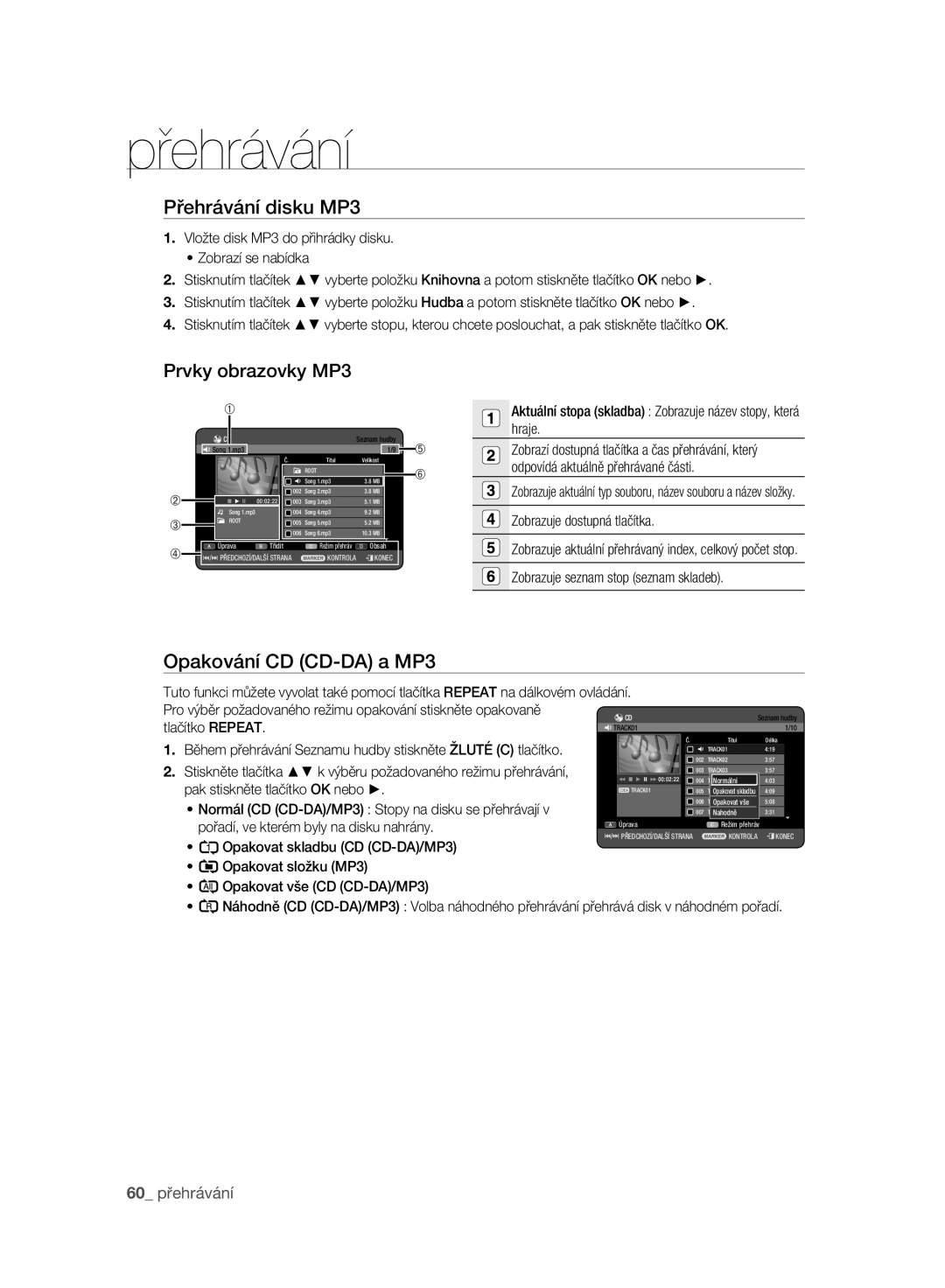 Samsung DVD-HR775A/EDC, DVD-HR777A/EDC, DVD-HR773A/EDC Přehrávání disku MP3, Prvky obrazovky MP3, Opakování CD CD-DA a MP3 