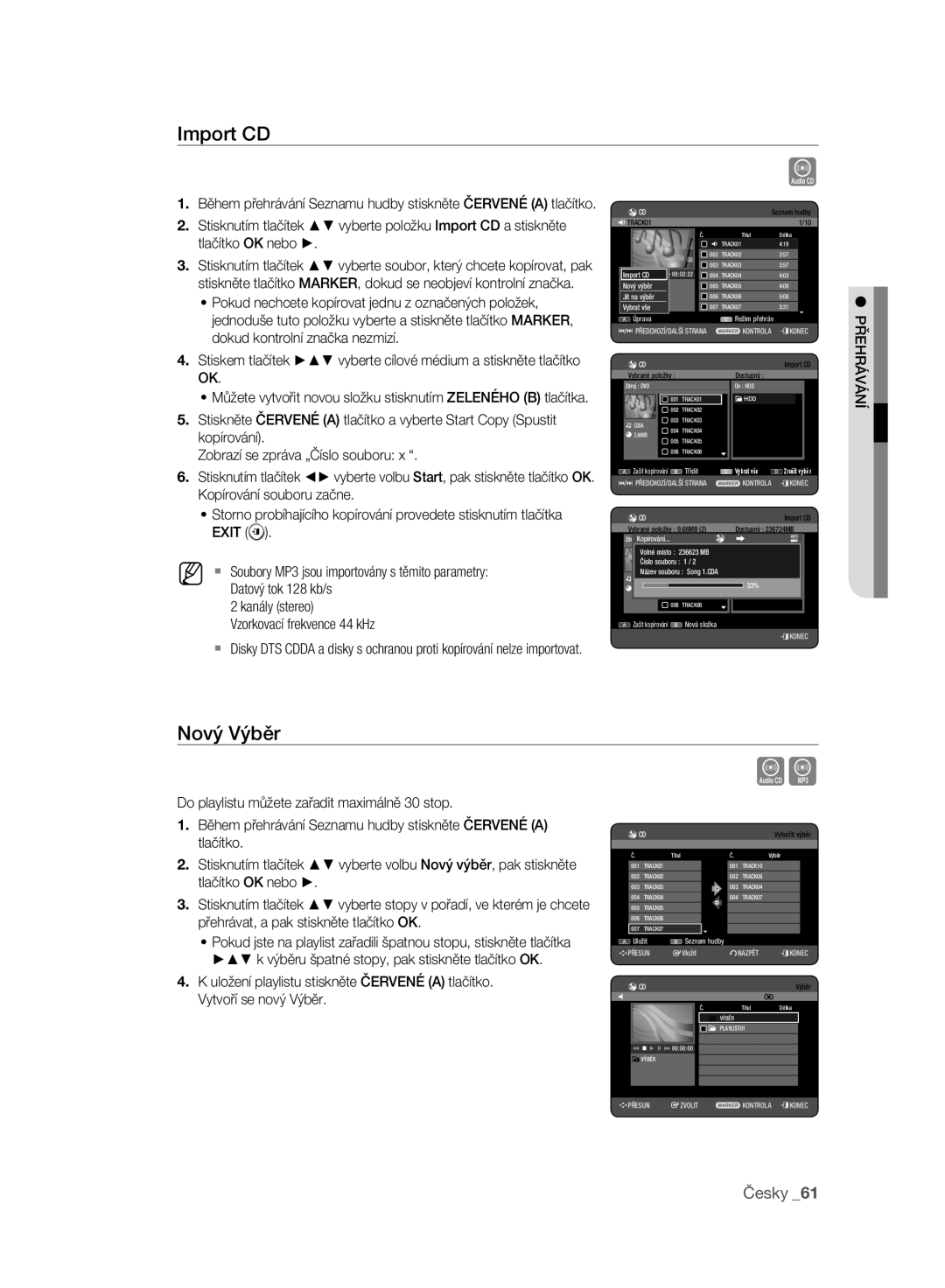 Samsung DVD-HR777A/EDC, DVD-HR775A/EDC, DVD-HR773A/EDC manual Import CD, Nový Výběr 