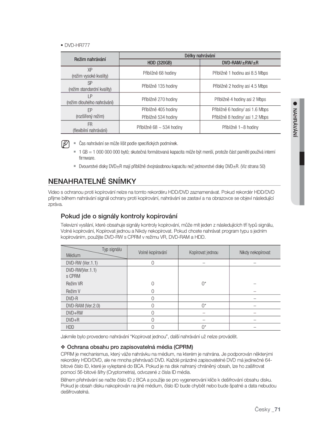 Samsung DVD-HR773A/EDC, DVD-HR775A/EDC manual Nenahratelné Snímky, Pokud jde o signály kontroly kopírování, Dvd+Rw Hdd 