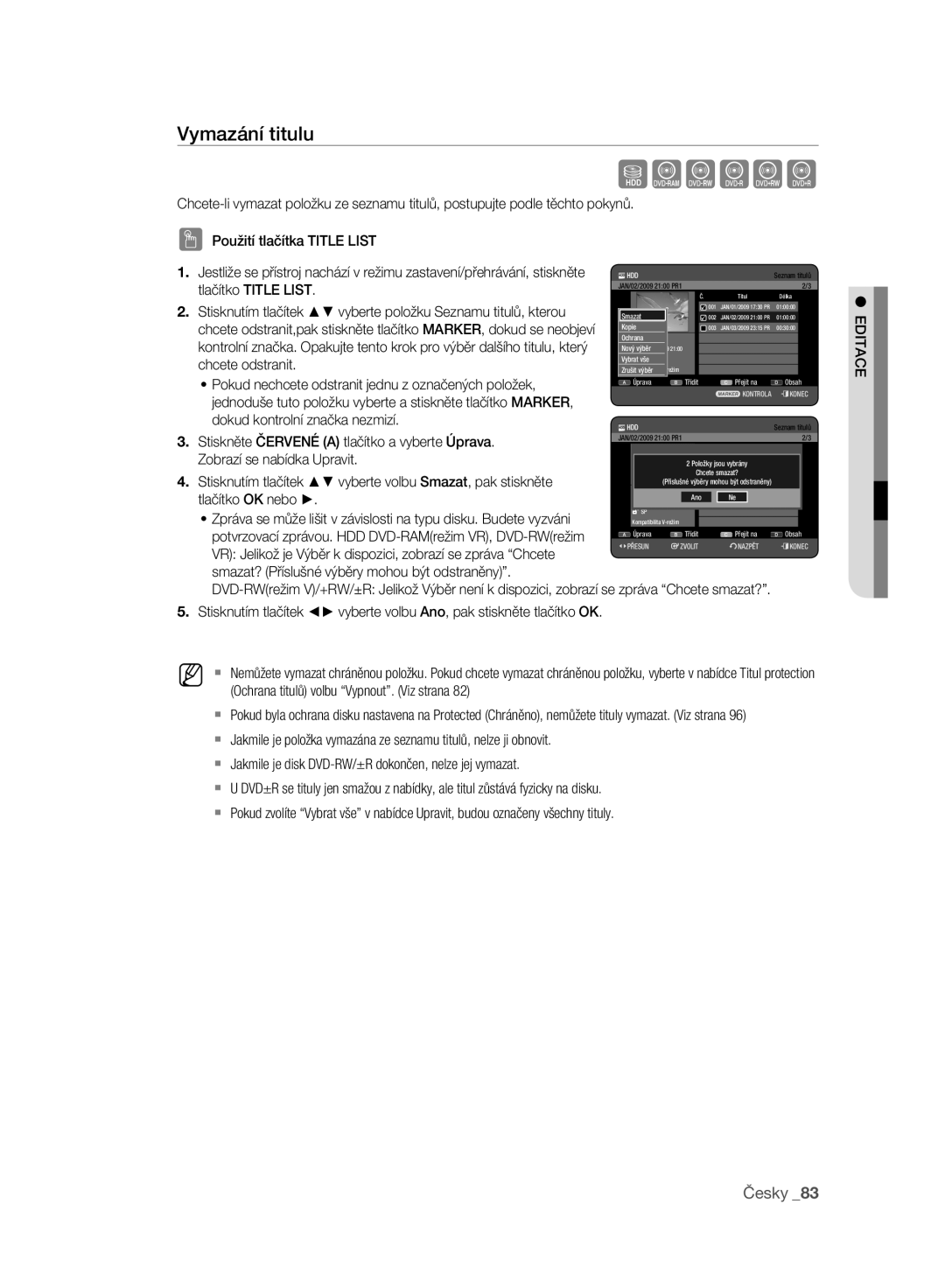 Samsung DVD-HR773A/EDC, DVD-HR775A/EDC, DVD-HR777A/EDC manual Vymazání titulu 