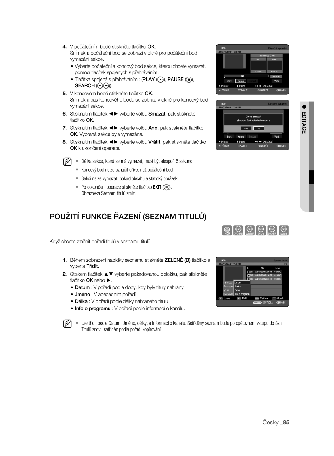 Samsung DVD-HR777A/EDC manual Použití Funkce Řazení Seznam Titulů, Počátečním bodě stiskněte tlačítko OK, Vymazání sekce 