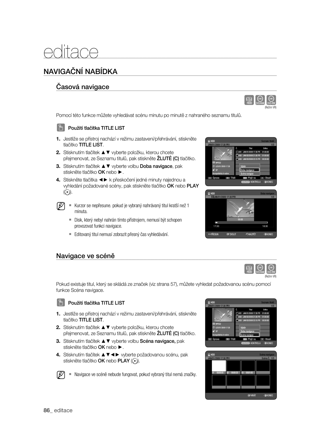 Samsung DVD-HR773A/EDC, DVD-HR775A/EDC, DVD-HR777A/EDC manual Navigační Nabídka, Časová navigace, Navigace ve scéně 