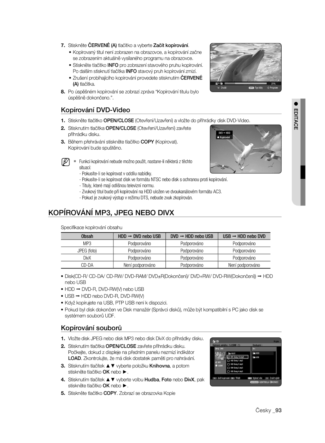 Samsung DVD-HR775A/EDC manual Kopírování MP3, Jpeg Nebo Divx, Kopírování DVD-Video, Kopírování souborů, Přihrádku disku 