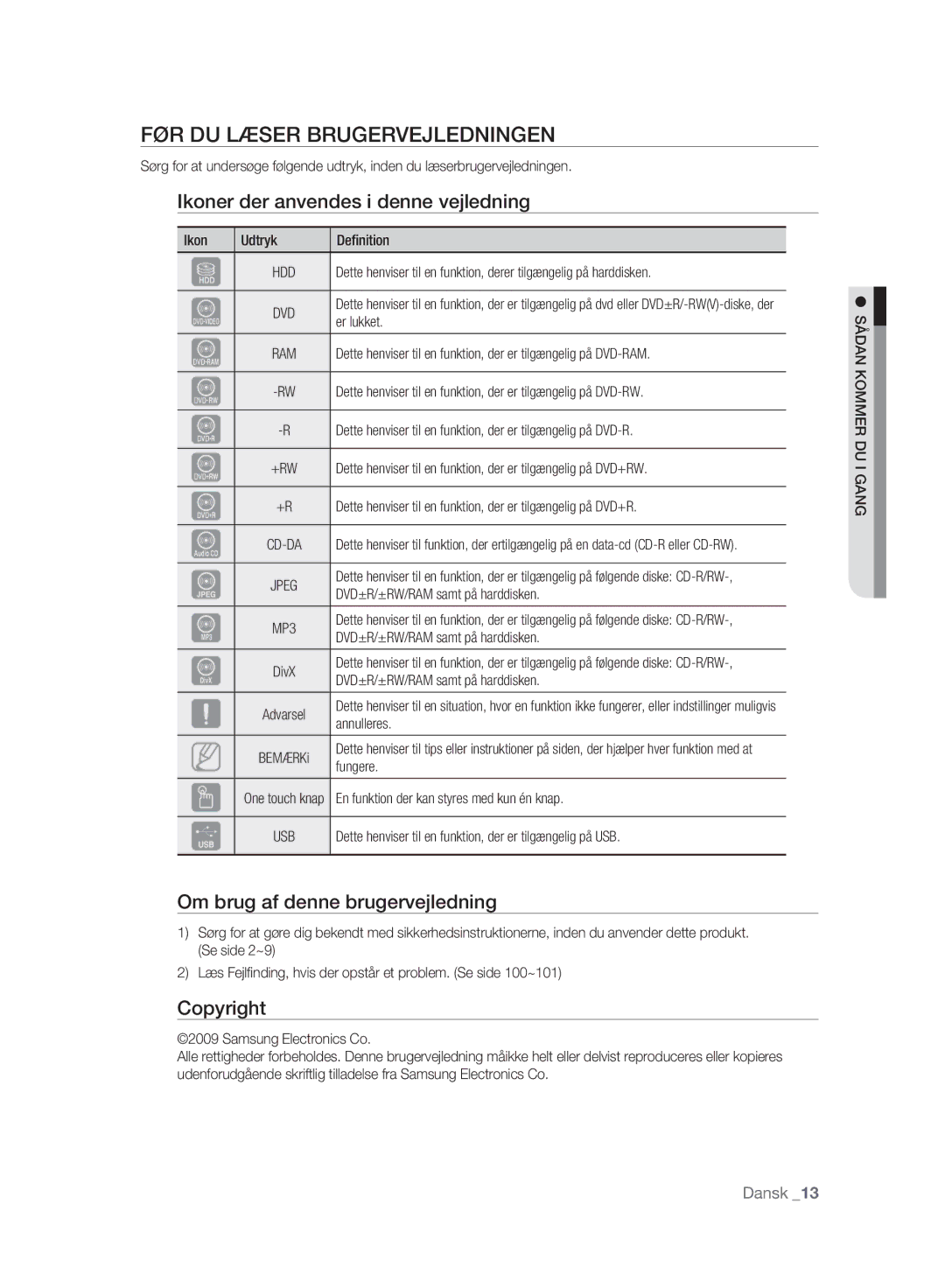 Samsung DVD-HR773A/XEE, DVD-HR775A/XEE FØR DU Læser Brugervejledningen, Ikoner der anvendes i denne vejledning, Copyright 