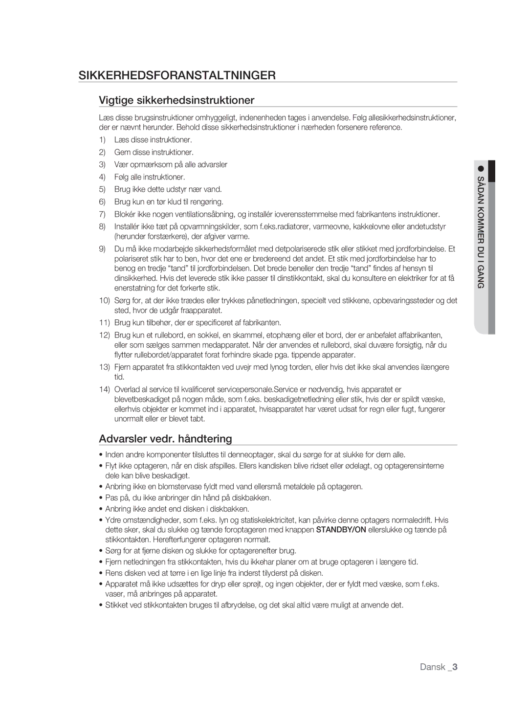 Samsung DVD-HR773A/XEE manual Sikkerhedsforanstaltninger, Vigtige sikkerhedsinstruktioner, Advarsler vedr. håndtering 