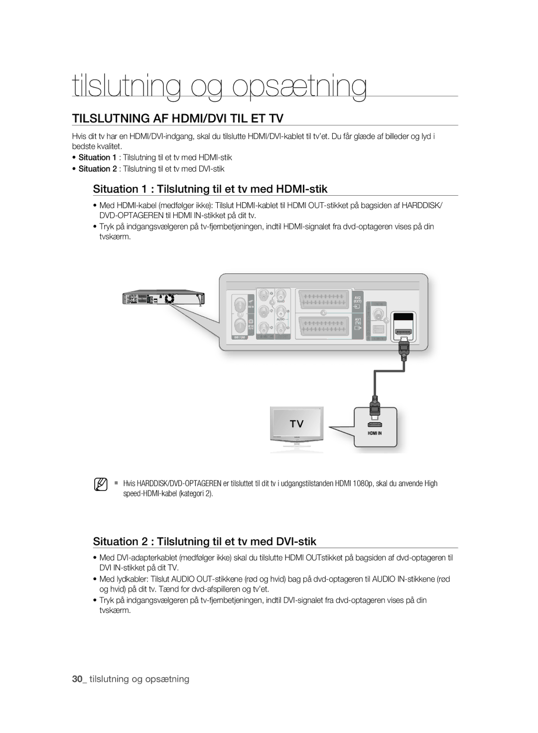 Samsung DVD-HR775A/XEE, DVD-HR773A/XEE Tilslutning AF HDMI/DVI TIL ET TV, Situation 1 Tilslutning til et tv med HDMI-stik 