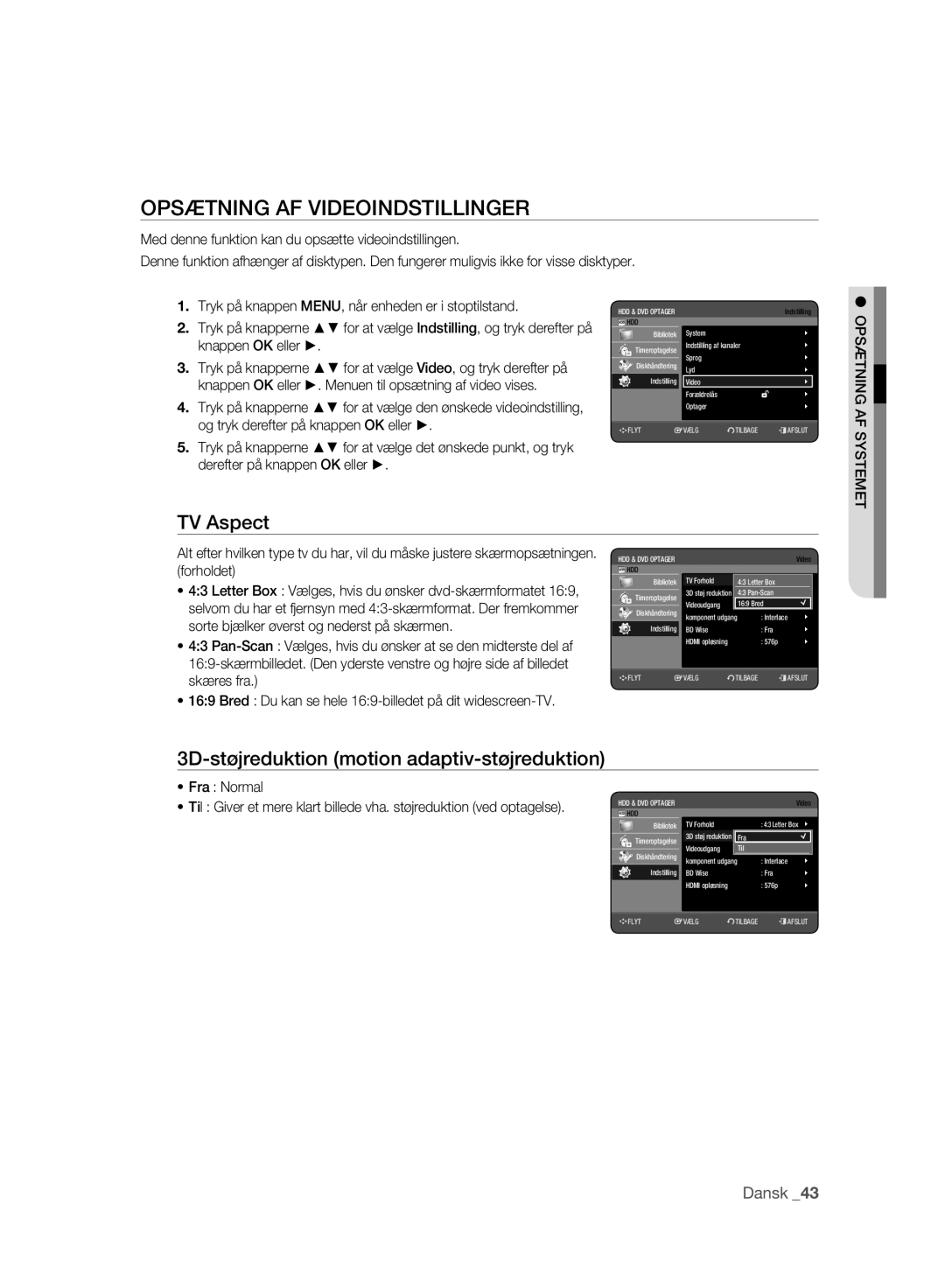 Samsung DVD-HR773A/XEE manual Opsætning AF Videoindstillinger, TV Aspect, 3D-støjreduktion motion adaptiv-støjreduktion 