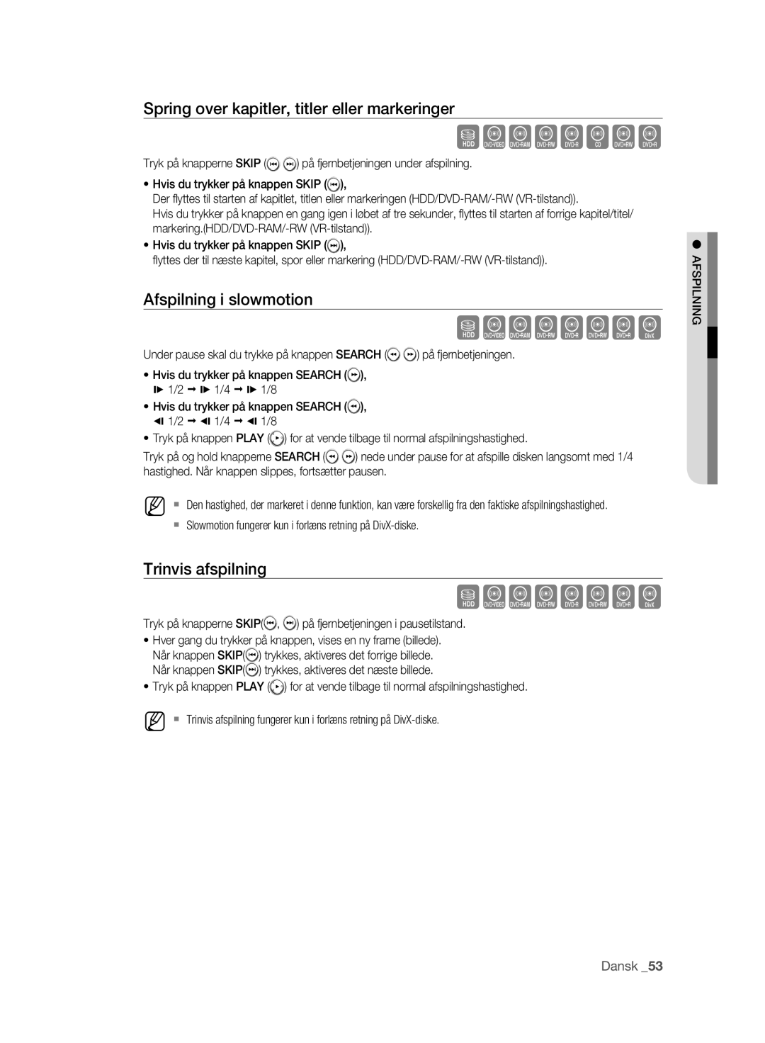 Samsung DVD-HR773A/XEE, DVD-HR775A/XEE manual Szxcvbkl,  Slowmotion fungerer kun i forlæns retning på DivX-diske 