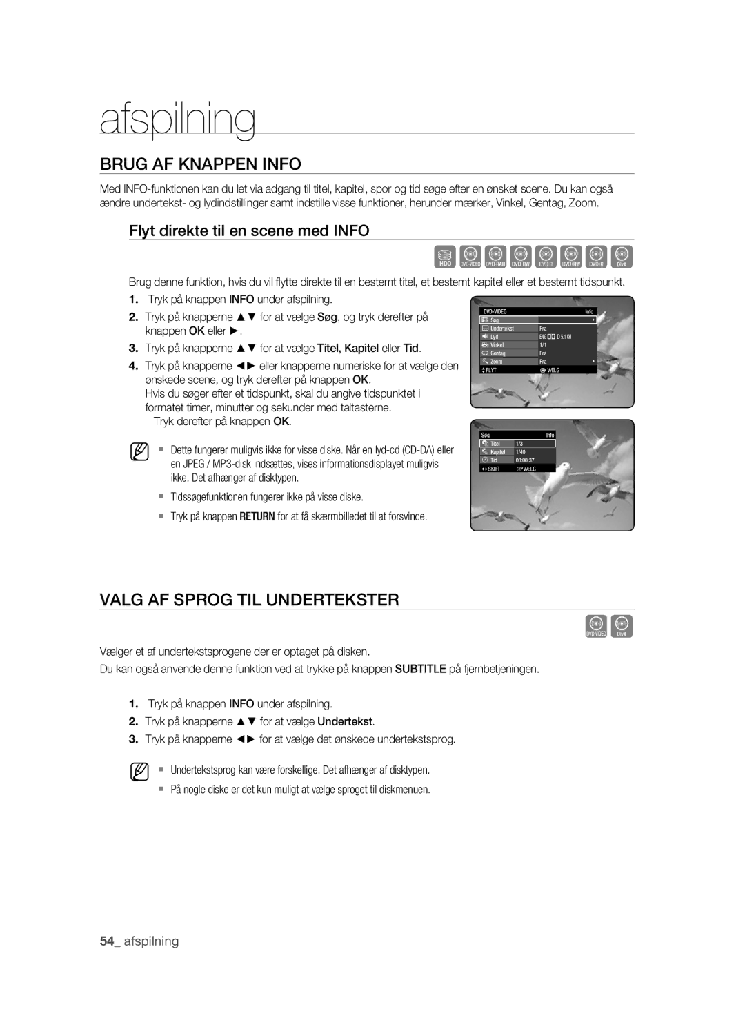 Samsung DVD-HR775A/XEE Szxcvkld, Brug AF Knappen Info, Valg AF Sprog TIL Undertekster, Flyt direkte til en scene med Info 