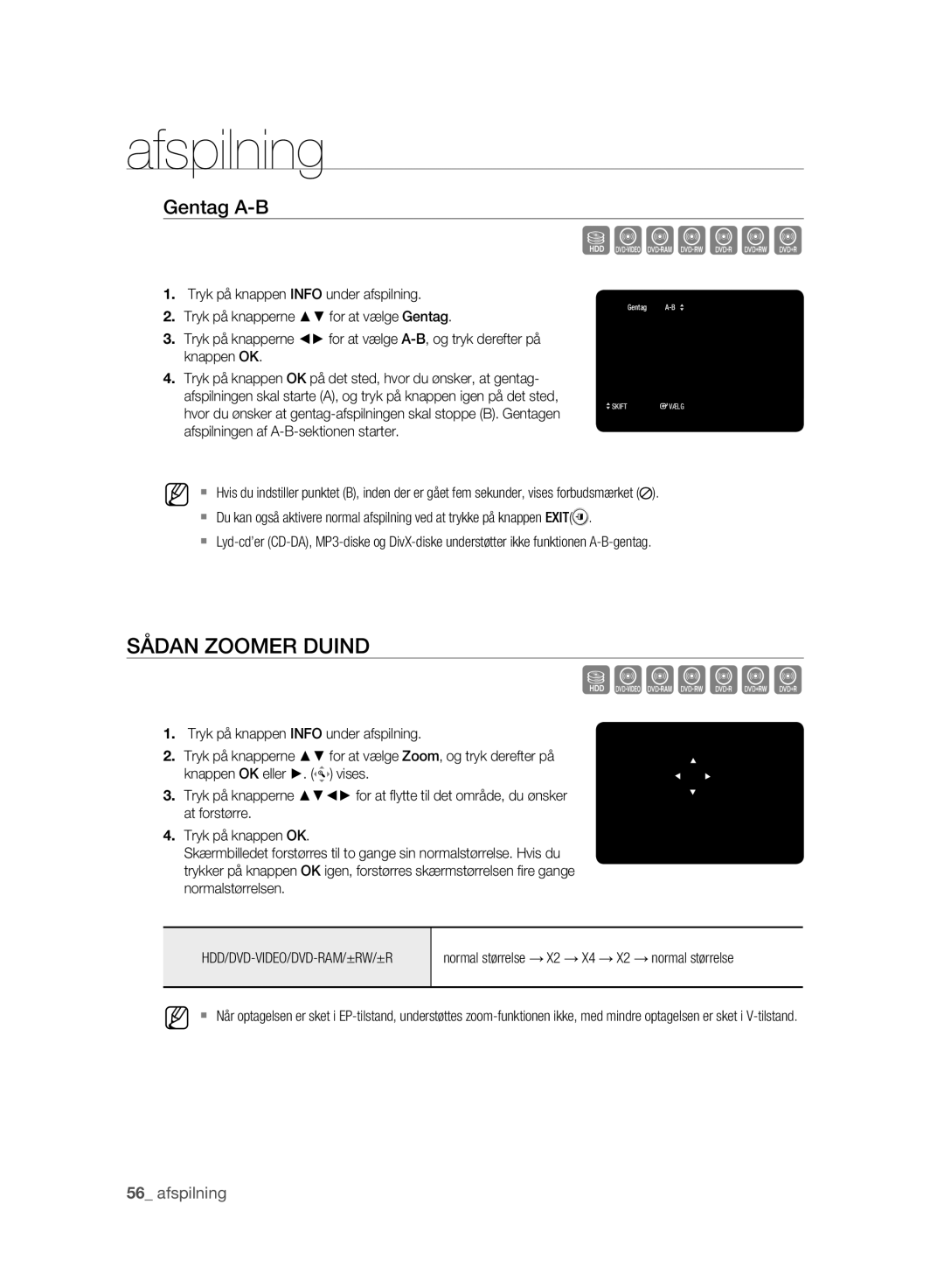 Samsung DVD-HR775A/XEE manual Szxcvkl, Sådan Zoomer Duind, Gentag A-B, Normal størrelse → X2 → X4 → X2 → normal størrelse 