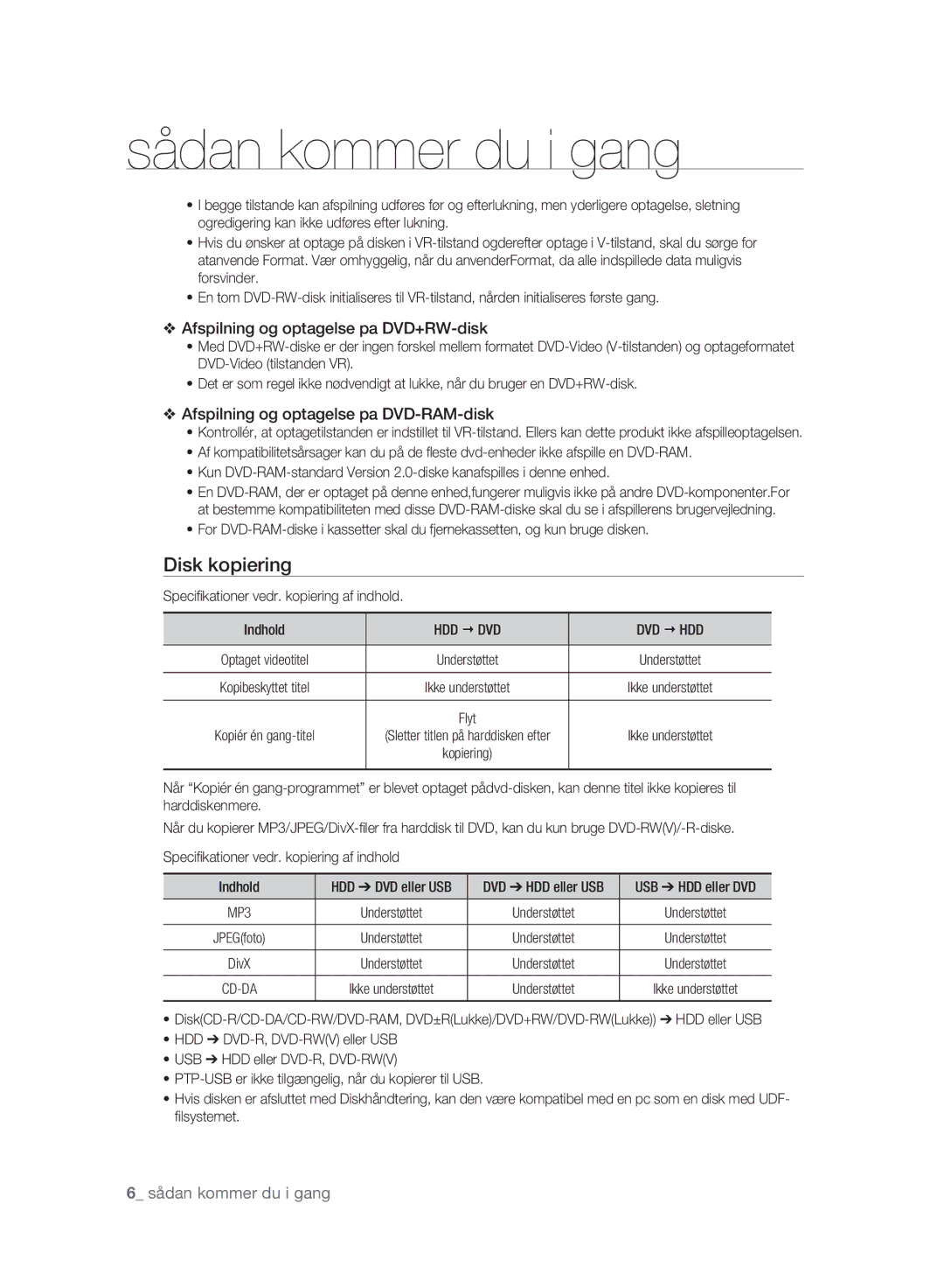 Samsung DVD-HR775A/XEE manual Disk kopiering, Speciﬁkationer vedr. kopiering af indhold Indhold, Hdd € Dvd Dvd € Hdd 