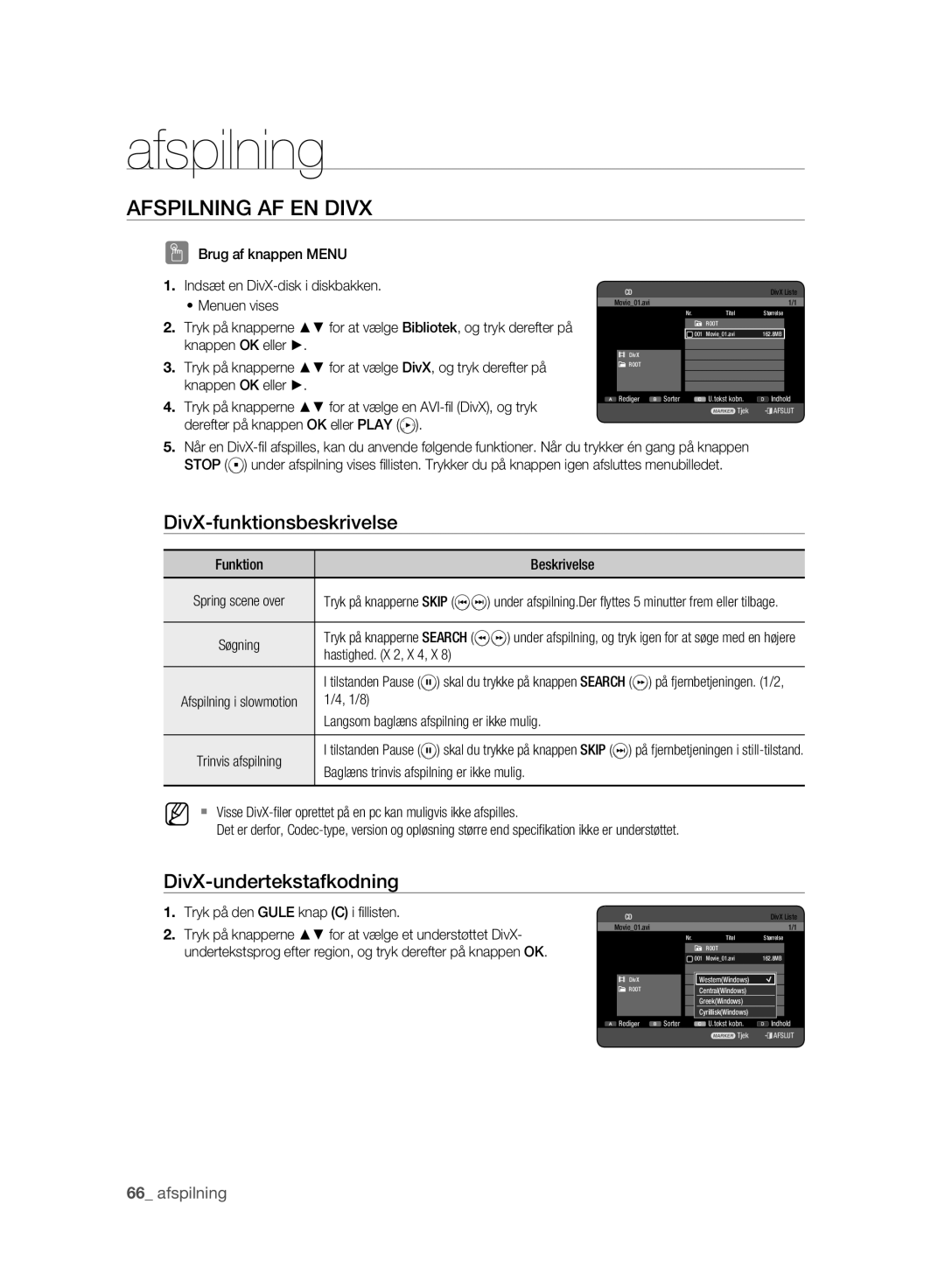 Samsung DVD-HR775A/XEE, DVD-HR773A/XEE manual Afspilning AF EN Divx, DivX-funktionsbeskrivelse, DivX-undertekstafkodning 