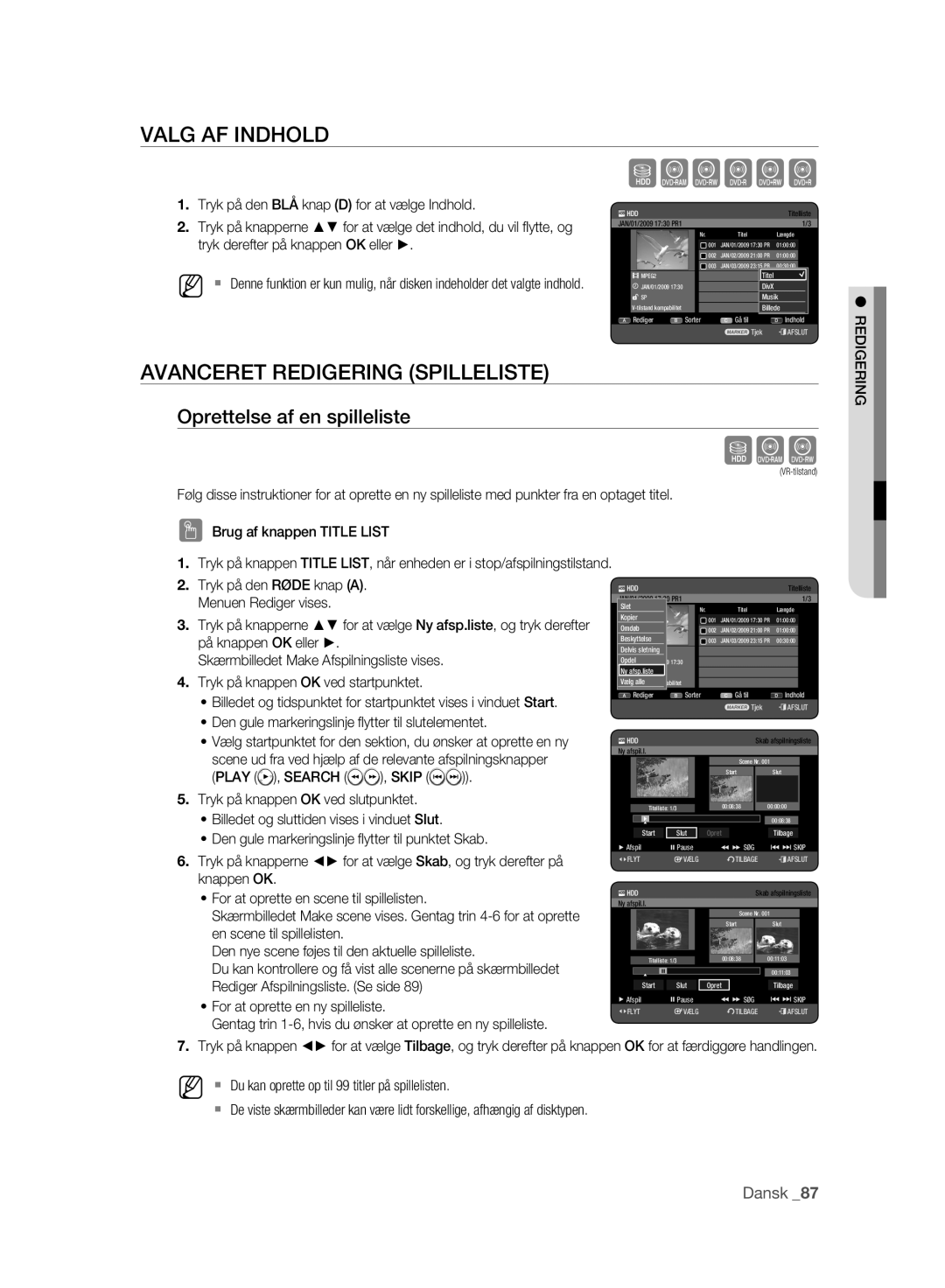 Samsung DVD-HR773A/XEE manual Valg AF Indhold, Avanceret Redigering Spilleliste, Oprettelse af en spilleliste, Skip 