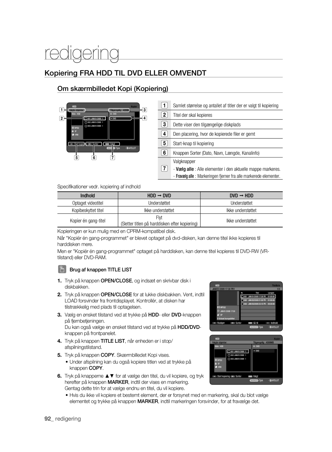 Samsung DVD-HR775A/XEE, DVD-HR773A/XEE manual Om skærmbilledet Kopi Kopiering, Valgknapper, Hdd Œ Dvd Dvd Œ Hdd 