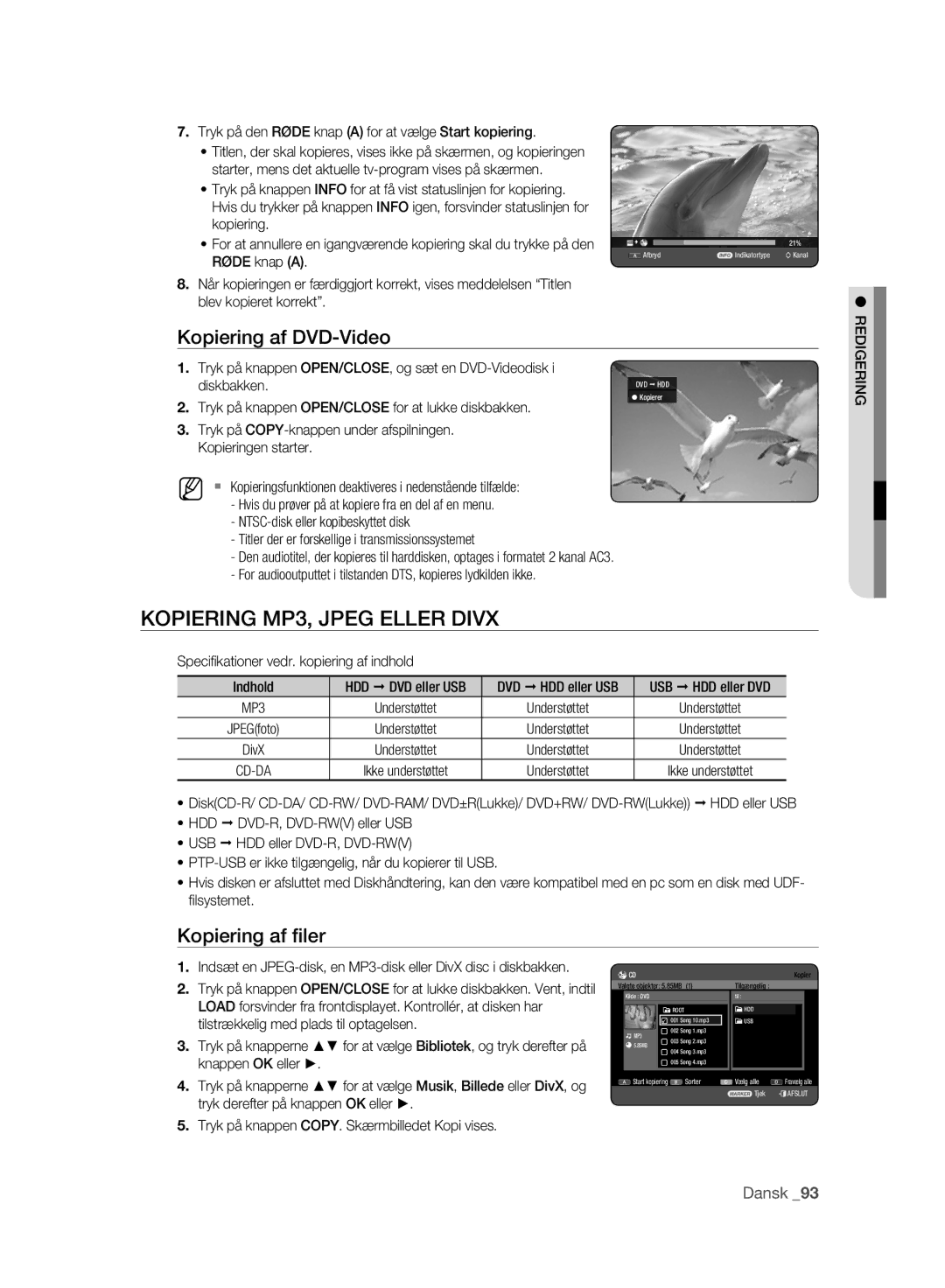 Samsung DVD-HR773A/XEE manual Kopiering MP3, Jpeg Eller Divx, Kopiering af DVD-Video, Kopiering af ﬁler, Diskbakken 