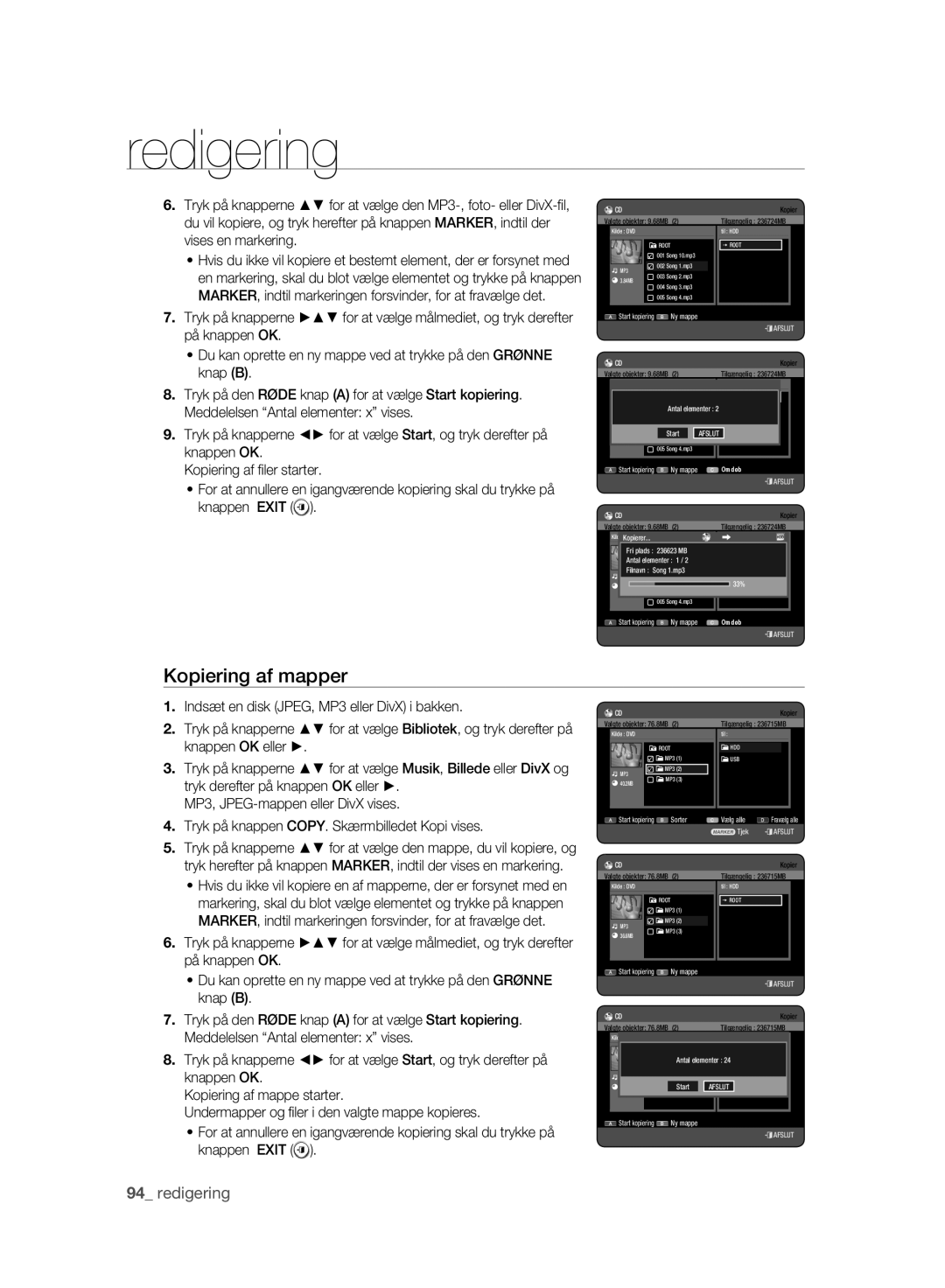 Samsung DVD-HR775A/XEE, DVD-HR773A/XEE manual Kopiering af mapper, Valgte objekter 9.68MB 