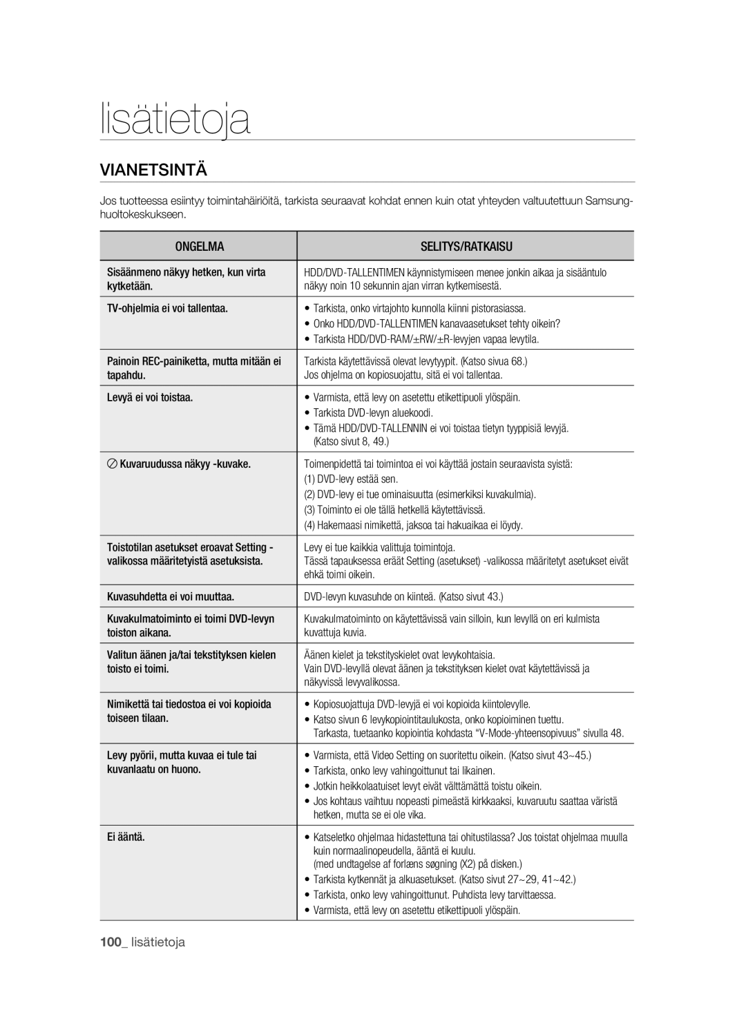 Samsung DVD-HR775A/XEE, DVD-HR773A/XEE manual Vianetsintä 