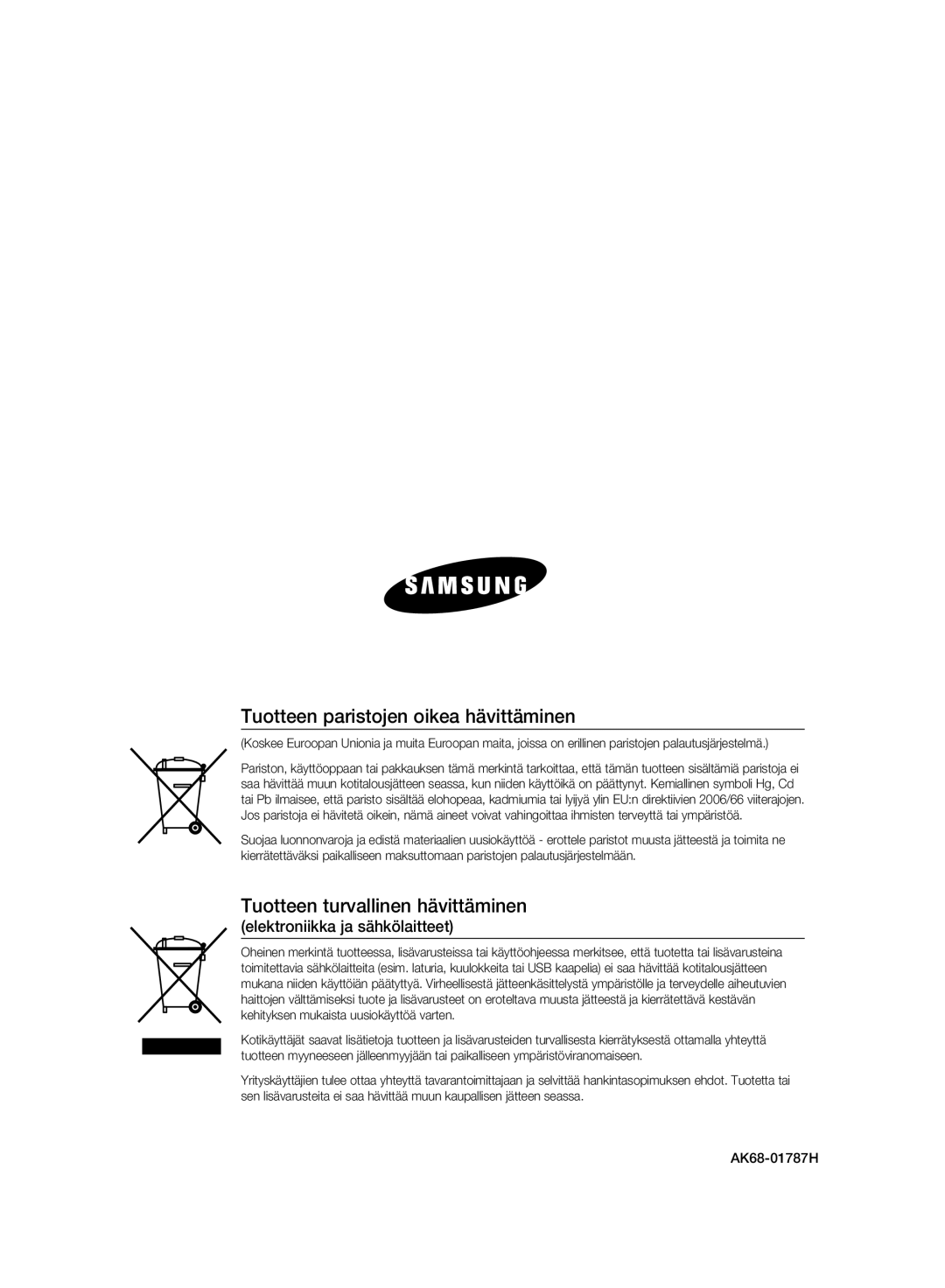 Samsung DVD-HR775A/XEE, DVD-HR773A/XEE manual Tuotteen paristojen oikea hävittäminen, Tuotteen turvallinen hävittäminen 