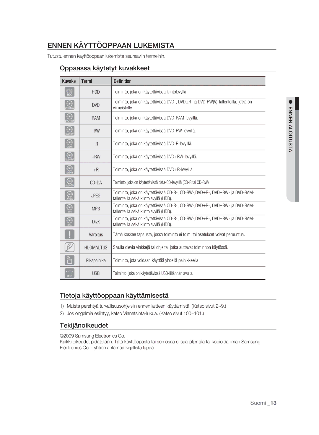 Samsung DVD-HR773A/XEE manual Ennen Käyttöoppaan Lukemista, Oppaassa käytetyt kuvakkeet, Tietoja käyttöoppaan käyttämisestä 