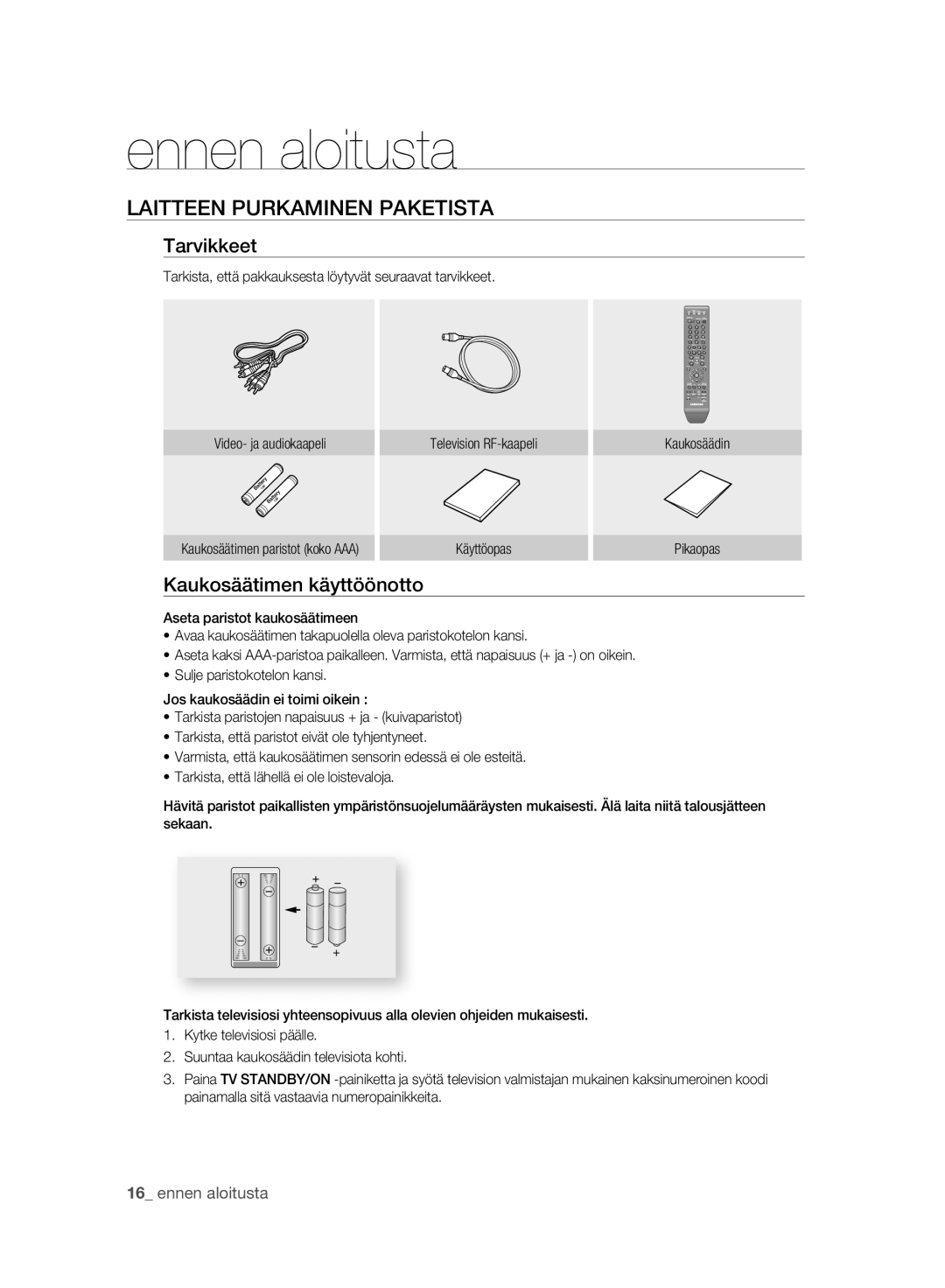 Samsung DVD-HR775A/XEE, DVD-HR773A/XEE manual Laitteen Purkaminen Paketista, Tarvikkeet, Kaukosäätimen käyttöönotto 