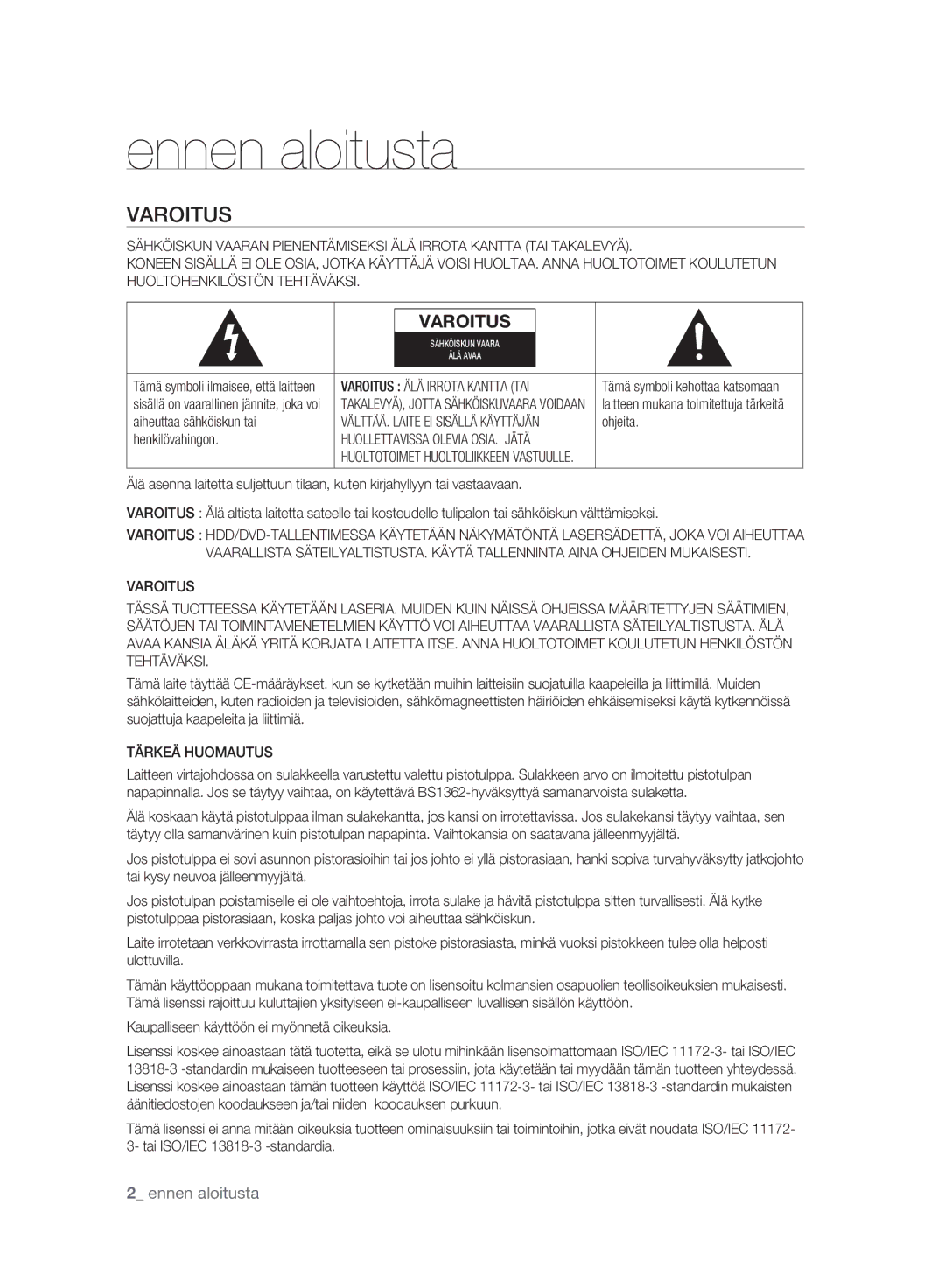 Samsung DVD-HR775A/XEE, DVD-HR773A/XEE manual Varoitus, Tärkeä Huomautus 