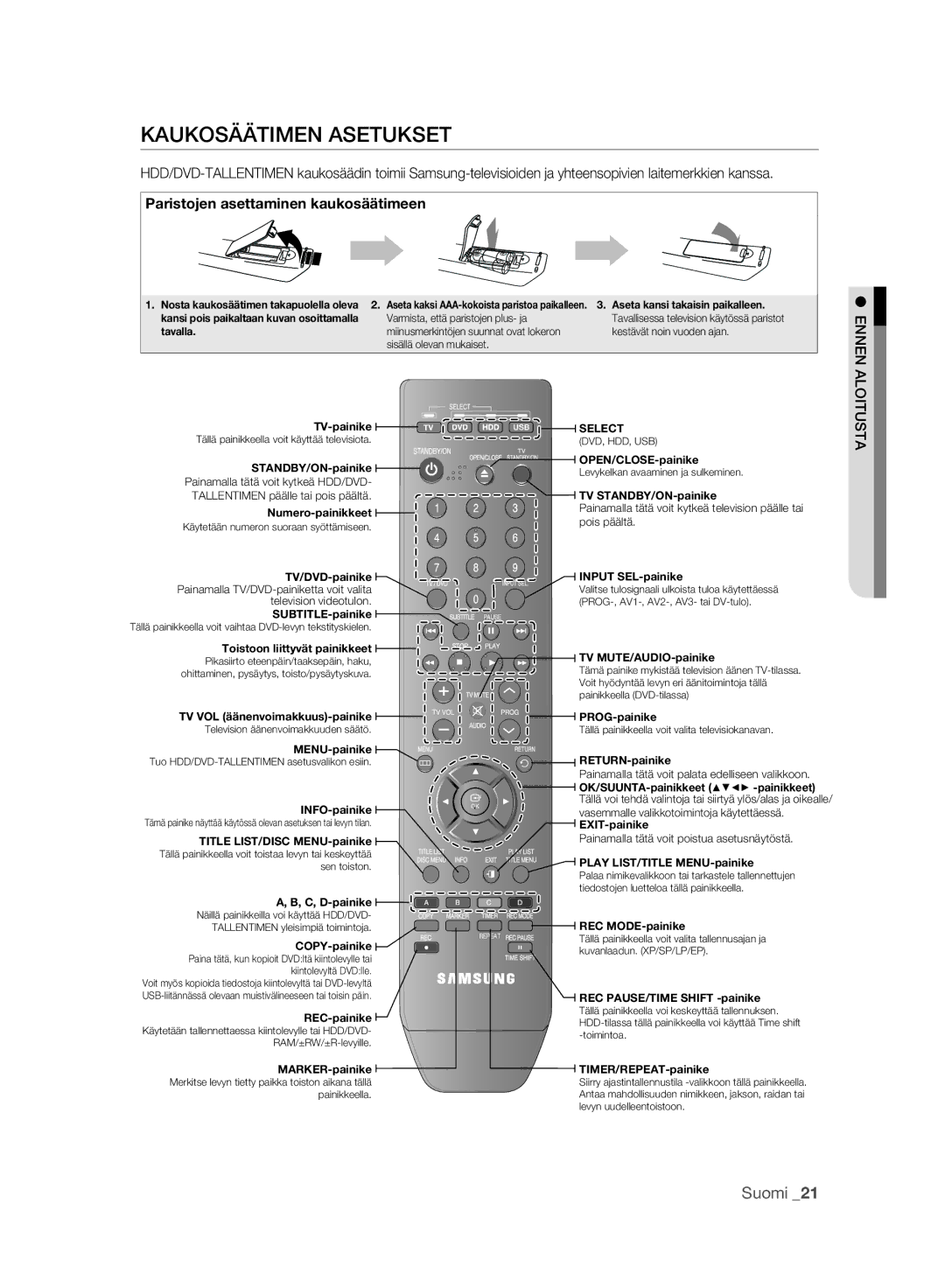 Samsung DVD-HR773A/XEE, DVD-HR775A/XEE manual Kaukosäätimen Asetukset, Paristojen asettaminen kaukosäätimeen 