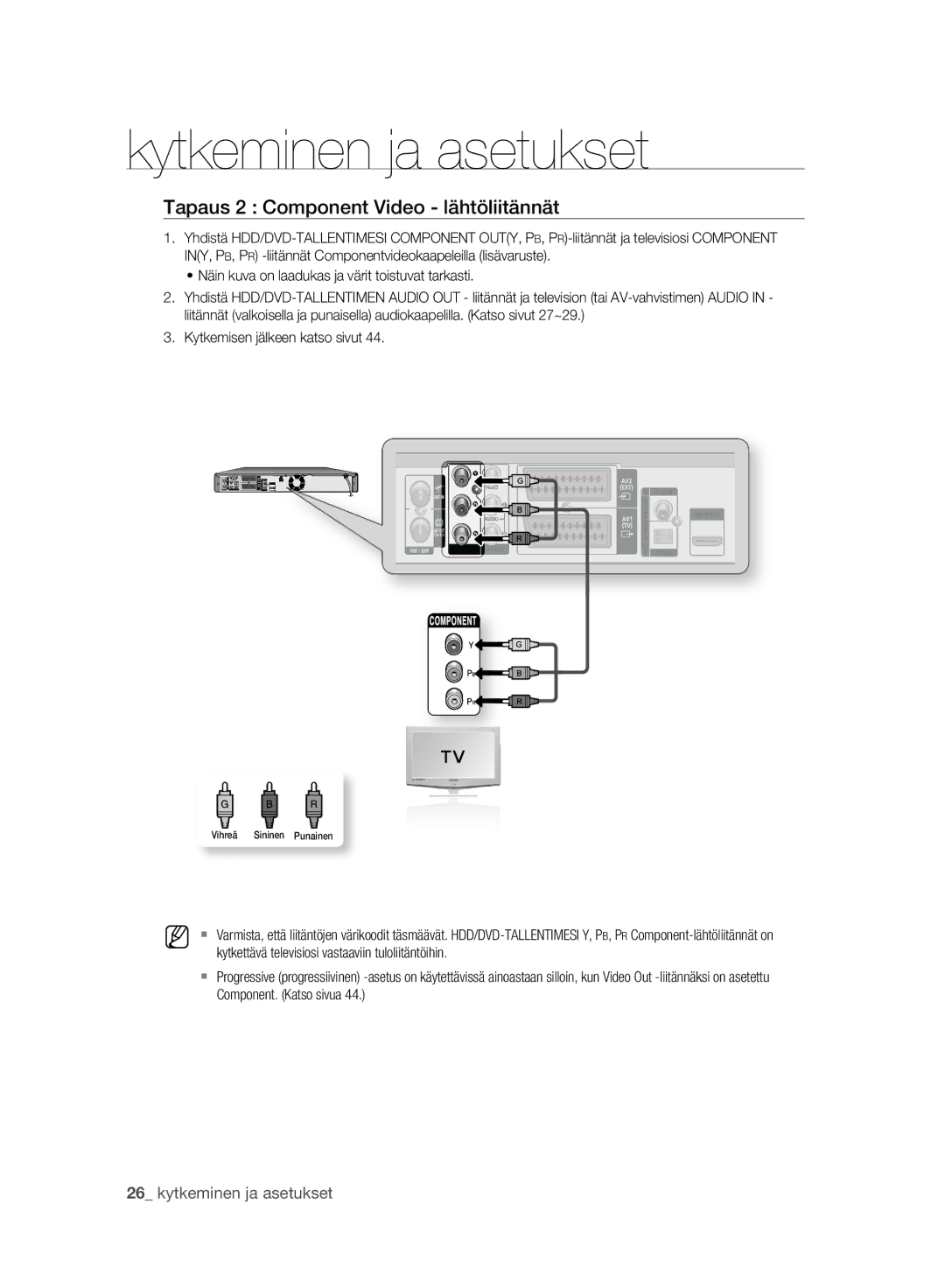 Samsung DVD-HR775A/XEE, DVD-HR773A/XEE manual Tapaus 2 Component Video lähtöliitännät, Kytkemisen jälkeen katso sivut 