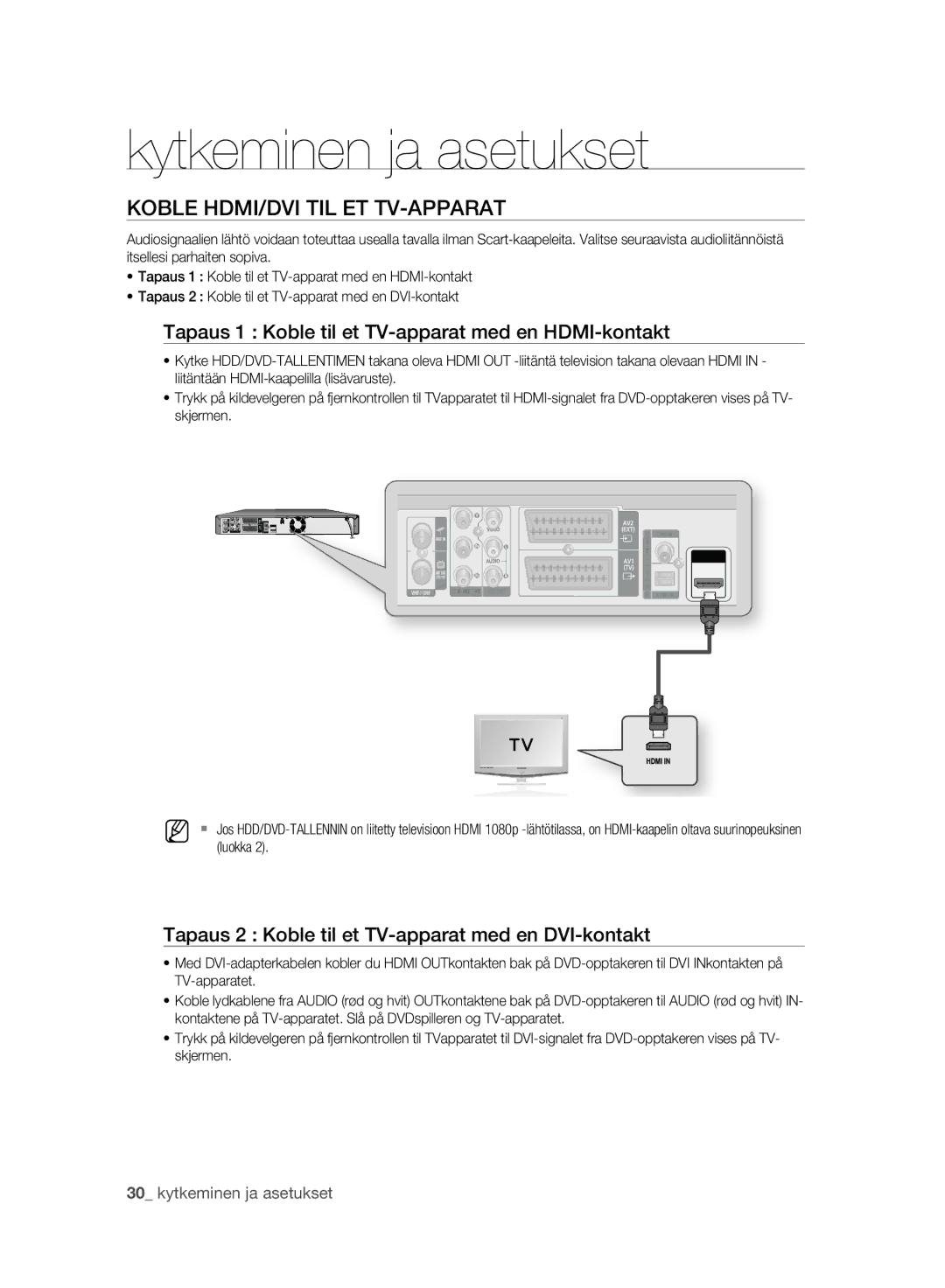 Samsung DVD-HR775A/XEE manual Koble HDMI/DVI TIL ET TV-APPARAT, Tapaus 1 Koble til et TV-apparat med en HDMI-kontakt 