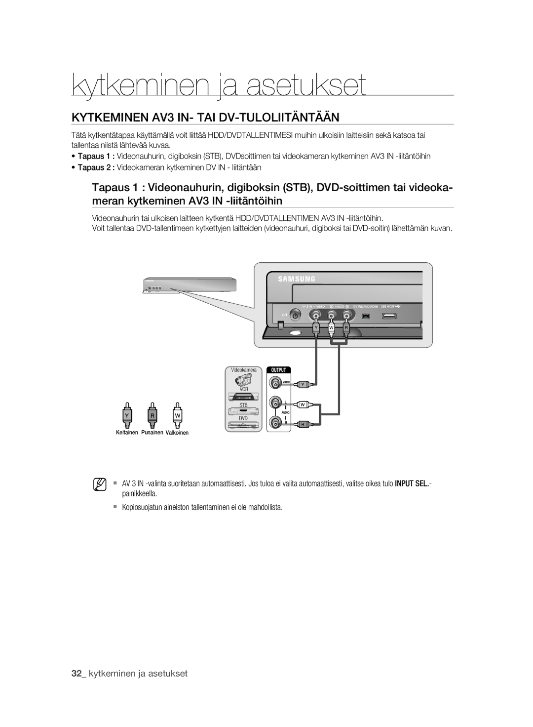 Samsung DVD-HR775A/XEE, DVD-HR773A/XEE manual Kytkeminen AV3 IN- TAI DV-TULOLIITÄNTÄÄN 