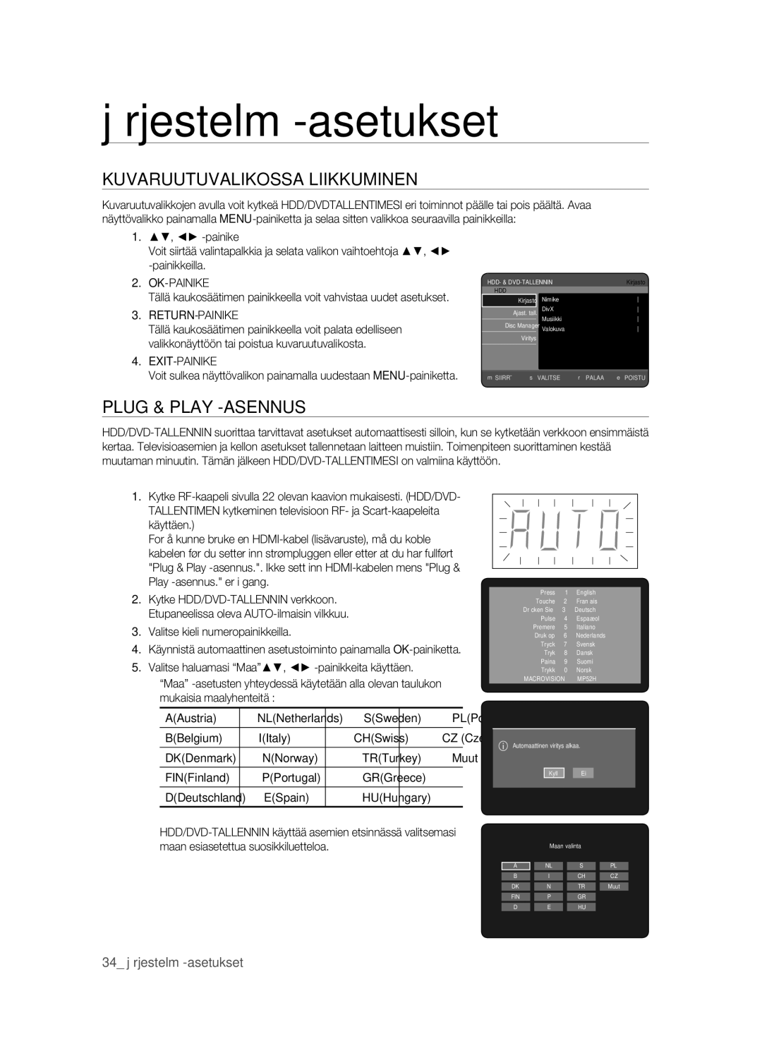 Samsung DVD-HR775A/XEE Kuvaruutuvalikossa Liikkuminen, Plug & Play -ASENNUS, Ok-Painike, Return-Painike, Exit-Painike 