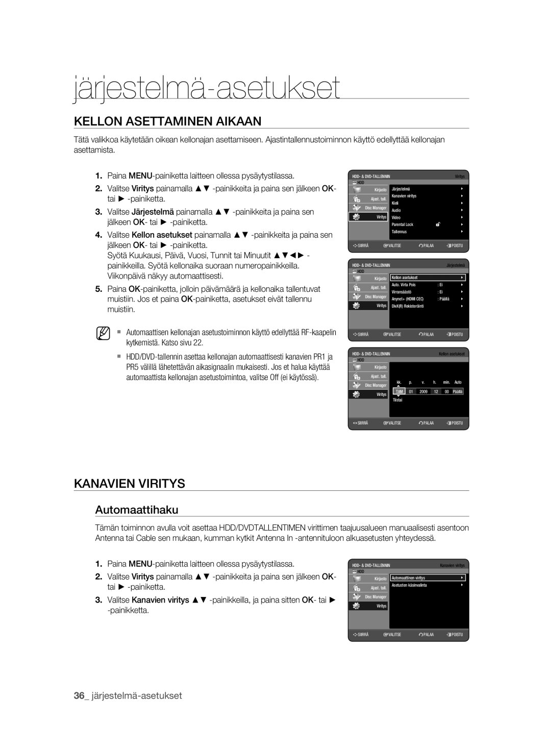 Samsung DVD-HR775A/XEE, DVD-HR773A/XEE manual Kellon Asettaminen Aikaan, Kanavien Viritys, Automaattihaku 