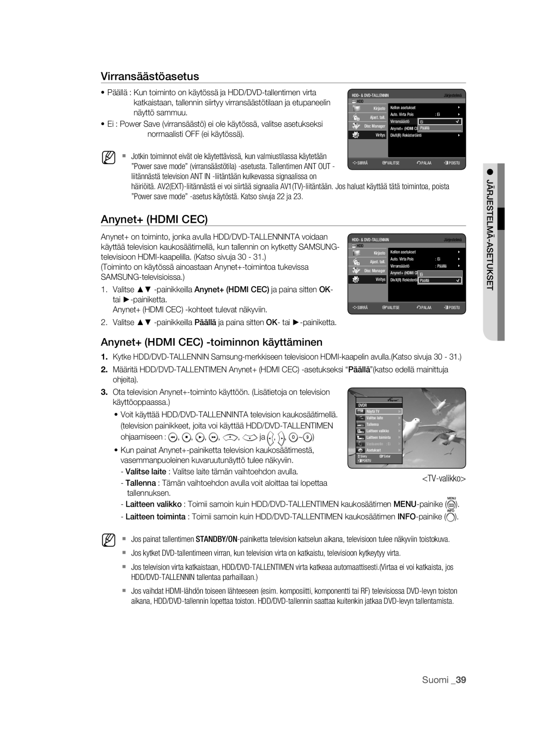 Samsung DVD-HR773A/XEE, DVD-HR775A/XEE manual Virransäästöasetus, Anynet+ Hdmi CEC -toiminnon käyttäminen, Asetukset 