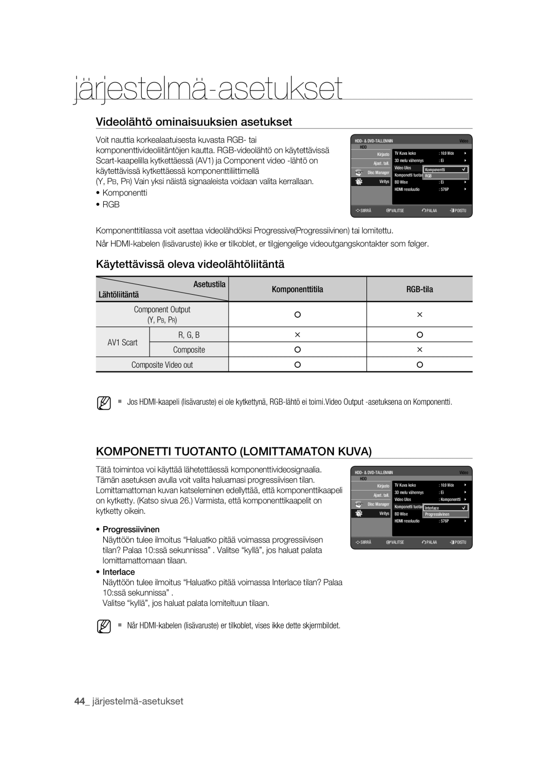 Samsung DVD-HR775A/XEE, DVD-HR773A/XEE Videolähtö ominaisuuksien asetukset, Käytettävissä oleva videolähtöliitäntä, Rgb 