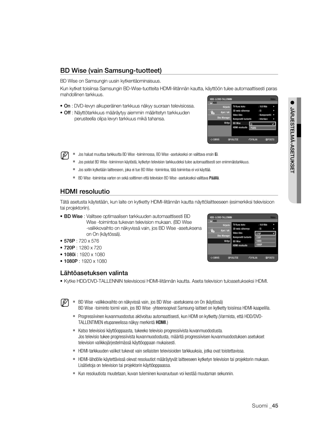 Samsung DVD-HR773A/XEE, DVD-HR775A/XEE manual BD Wise vain Samsung-tuotteet, Hdmi resoluutio, Lähtöasetuksen valinta 