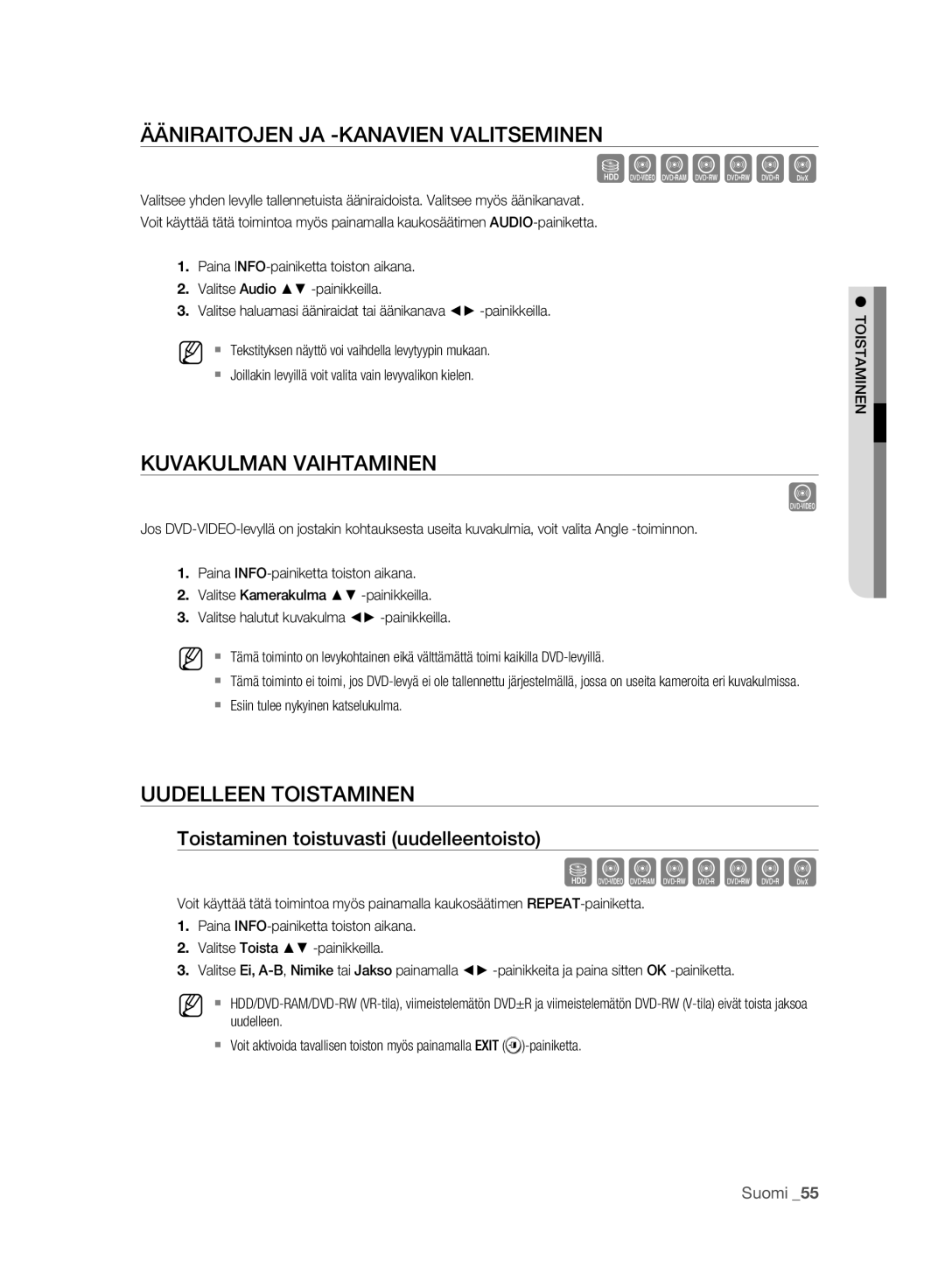 Samsung DVD-HR773A/XEE Szxckld, Ääniraitojen JA -KANAVIEN Valitseminen, Kuvakulman Vaihtaminen, Uudelleen Toistaminen 