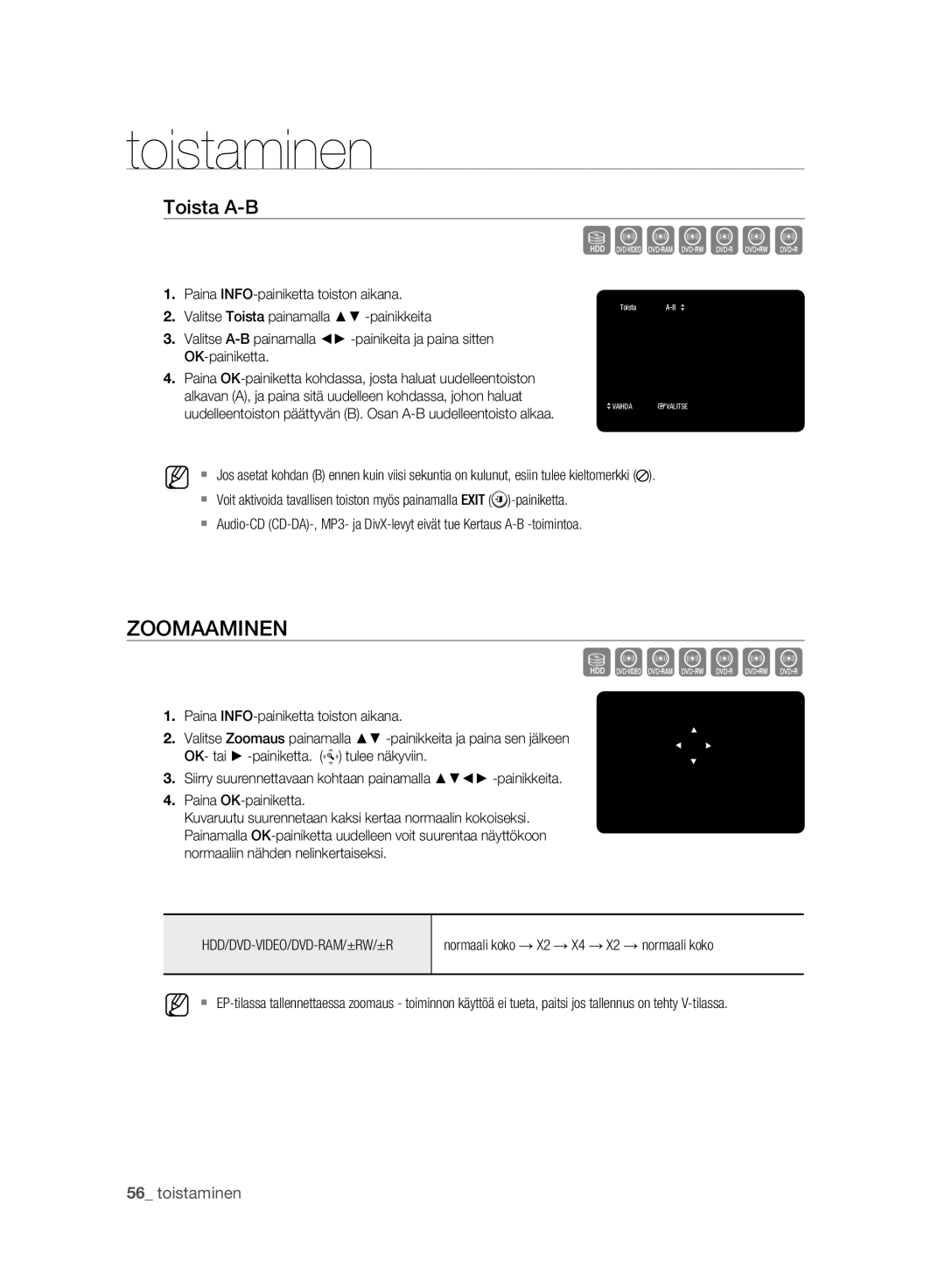 Samsung DVD-HR775A/XEE, DVD-HR773A/XEE manual Szxcvkl, Zoomaaminen, Toista A-B, Normaali koko → X2 → X4 → X2 → normaali koko 