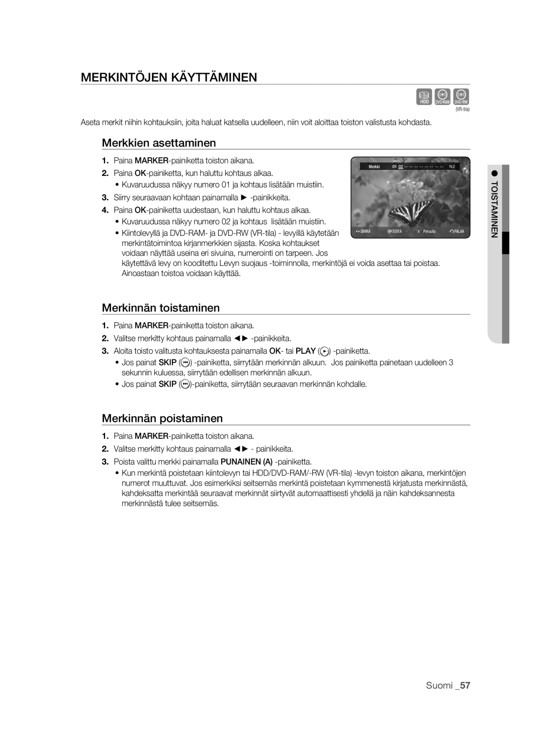 Samsung DVD-HR773A/XEE Sxc, Merkintöjen Käyttäminen, Merkkien asettaminen, Merkinnän toistaminen, Merkinnän poistaminen 