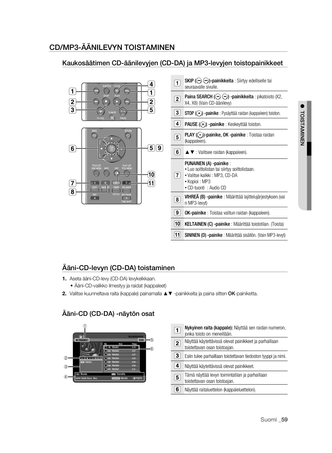 Samsung DVD-HR773A/XEE manual CD/MP3-ÄÄNILEVYN Toistaminen, Ääni-CD-levyn CD-DA toistaminen, Ääni-CD CD-DA -näytön osat 