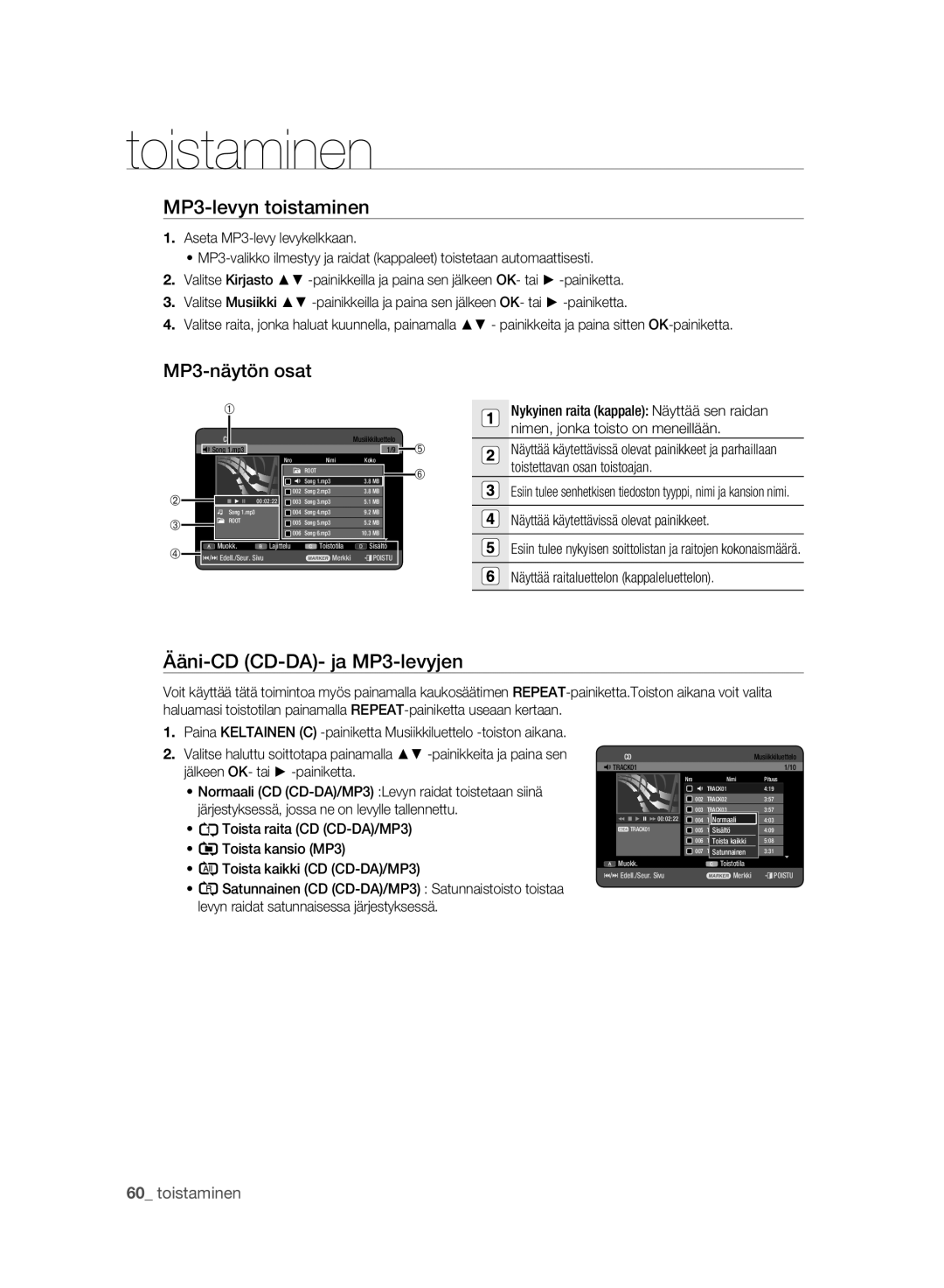 Samsung DVD-HR775A/XEE, DVD-HR773A/XEE MP3-levyn toistaminen, MP3-näytön osat, Ääni-CD CD-DA- ja MP3-levyjen, Song 1.mp3 