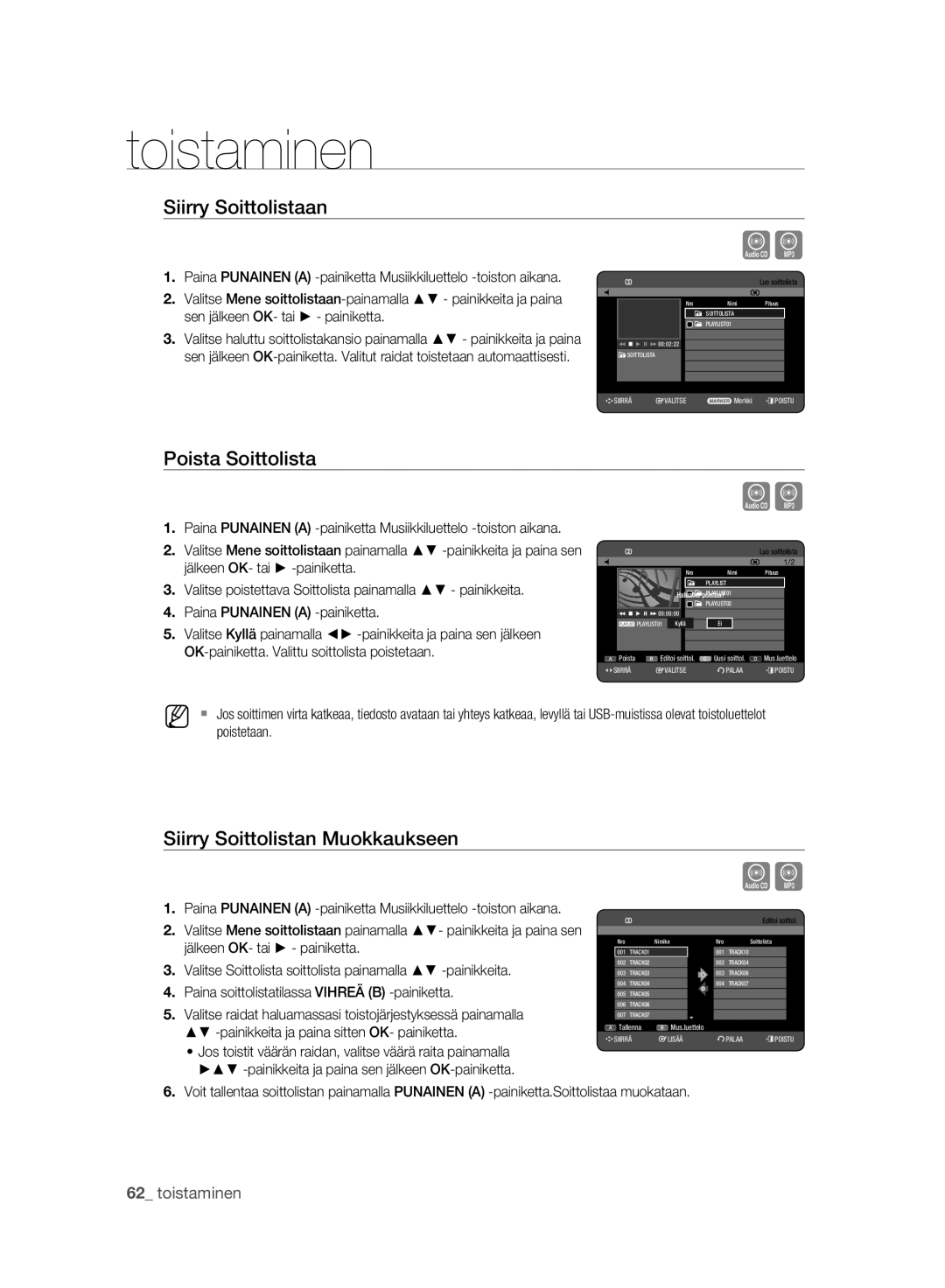 Samsung DVD-HR775A/XEE manual Siirry Soittolistaan, Poista Soittolista, Siirry Soittolistan Muokkaukseen, Editoi soittol 