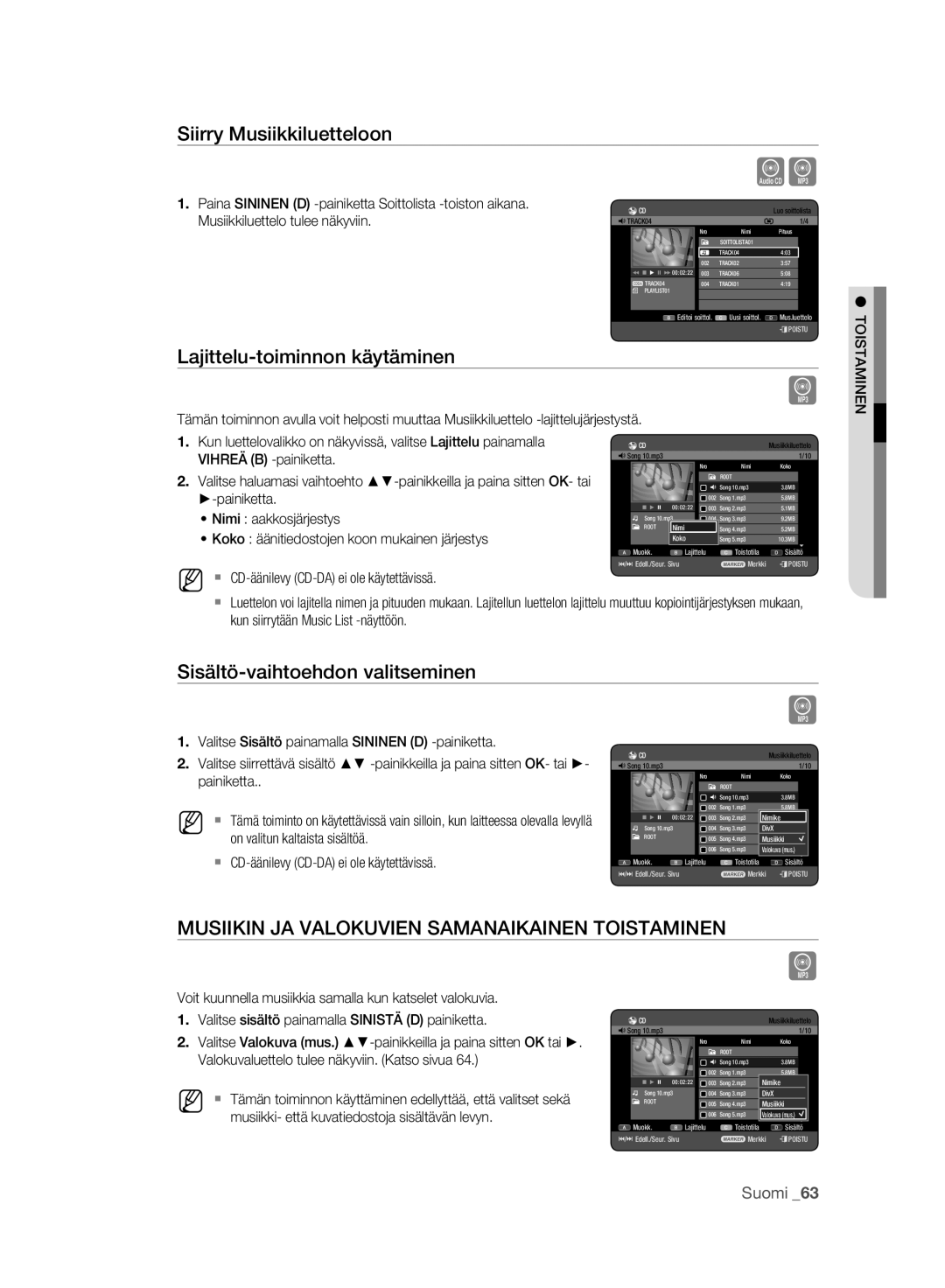 Samsung DVD-HR773A/XEE, DVD-HR775A/XEE Siirry Musiikkiluetteloon, Sisältö-vaihtoehdon valitseminen, Vihreä B -painiketta 