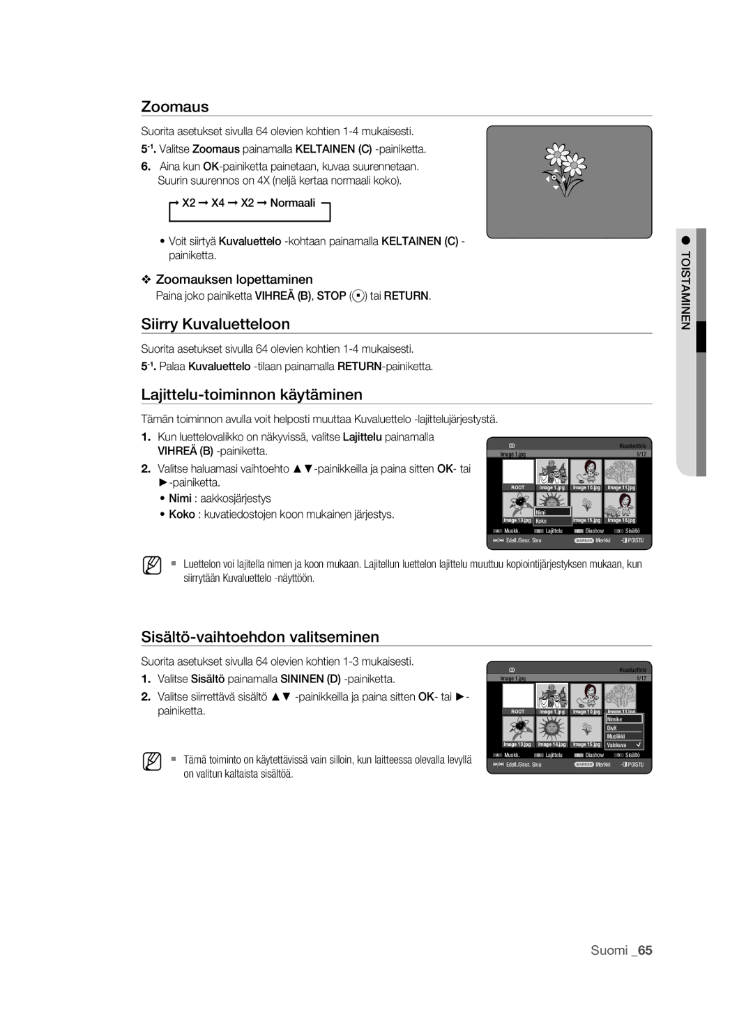 Samsung DVD-HR773A/XEE, DVD-HR775A/XEE manual Zoomaus, Siirry Kuvaluetteloon, Lajittelu-toiminnon käytäminen, DivX Musiikki 