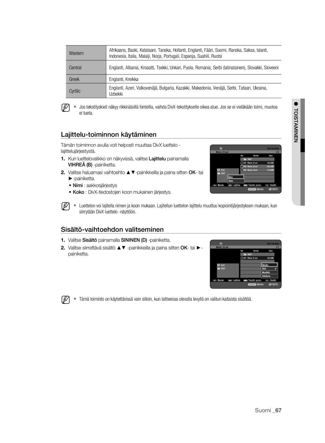 Samsung DVD-HR773A/XEE, DVD-HR775A/XEE Tämän toiminnon avulla voit helposti muuttaa DivX luettelo, Lajittelujärjestystä 