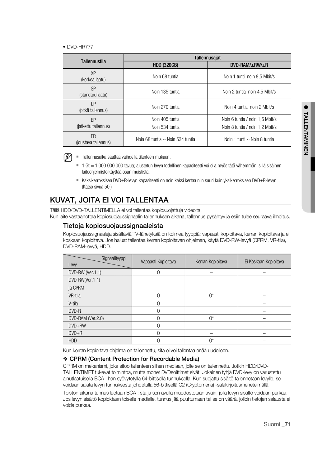 Samsung DVD-HR773A/XEE, DVD-HR775A/XEE KUVAT, Joita EI VOI Tallentaa, Tietoja kopiosuojaussignaaleista, Dvd-R, Dvd+Rw Hdd 