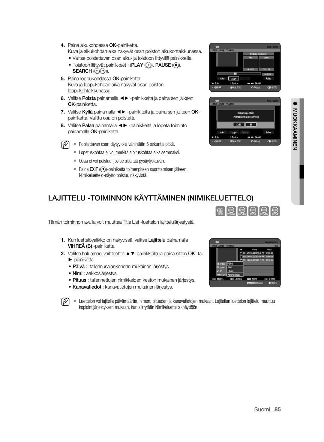 Samsung DVD-HR773A/XEE, DVD-HR775A/XEE Lajittelu -TOIMINNON Käyttäminen Nimikeluettelo, Paina alkukohdassa OK-painiketta 