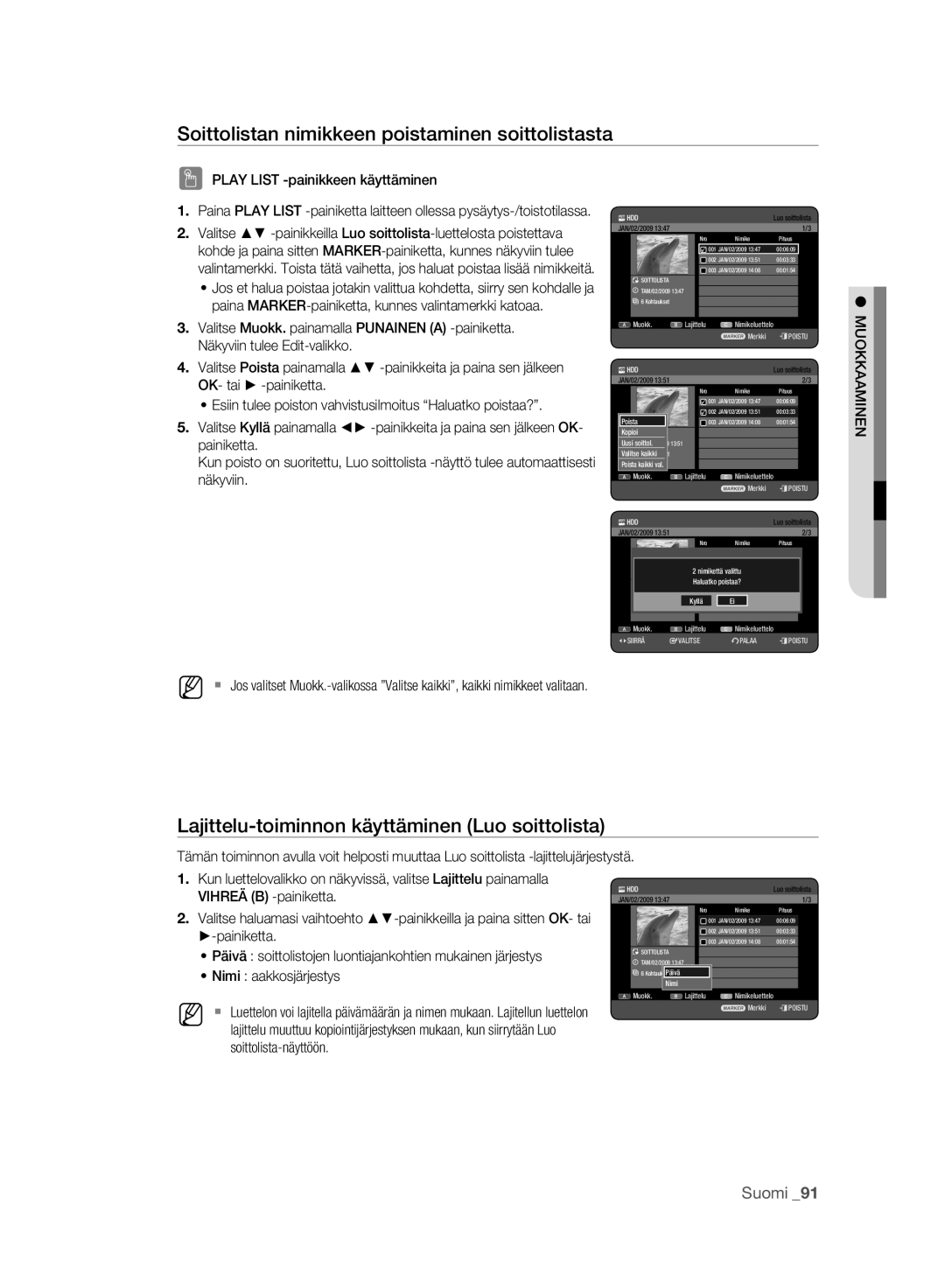 Samsung DVD-HR773A/XEE Soittolistan nimikkeen poistaminen soittolistasta, Lajittelu-toiminnon käyttäminen Luo soittolista 