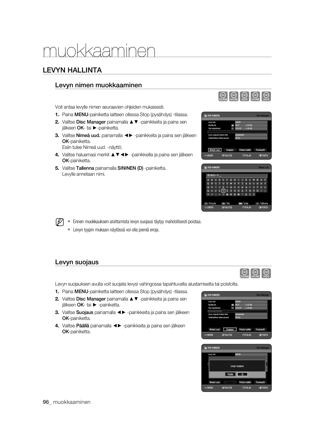 Samsung DVD-HR775A/XEE, DVD-HR773A/XEE manual Xcvkl, Levyn Hallinta, Levyn nimen muokkaaminen, Levyn suojaus 