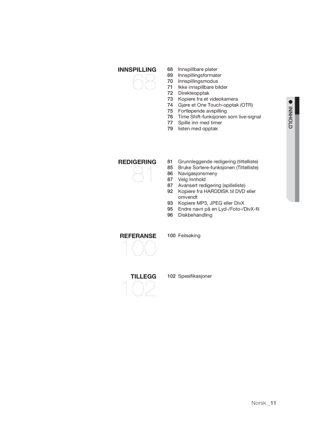 Samsung DVD-HR773A/XEE, DVD-HR775A/XEE manual Innhold 